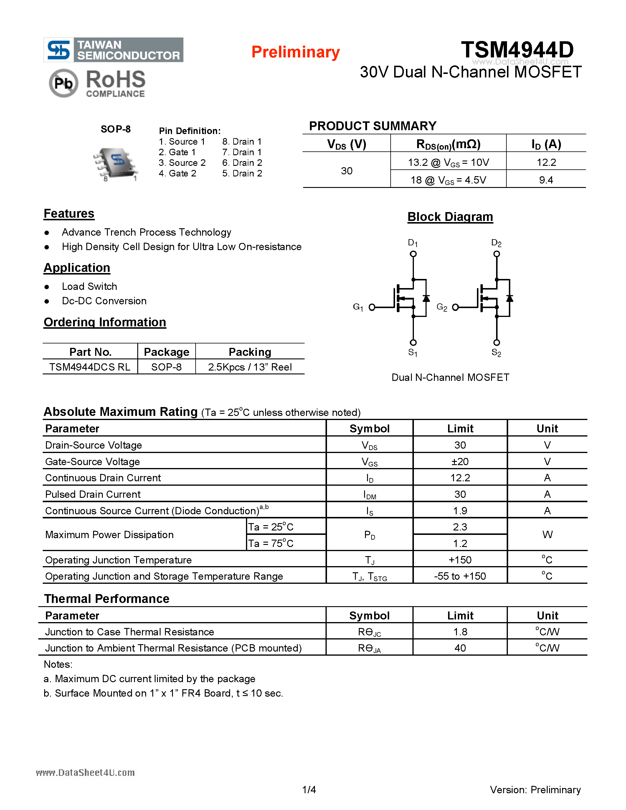 Даташит TSM4944D - 30V Dual N-Channel MOSFET страница 1