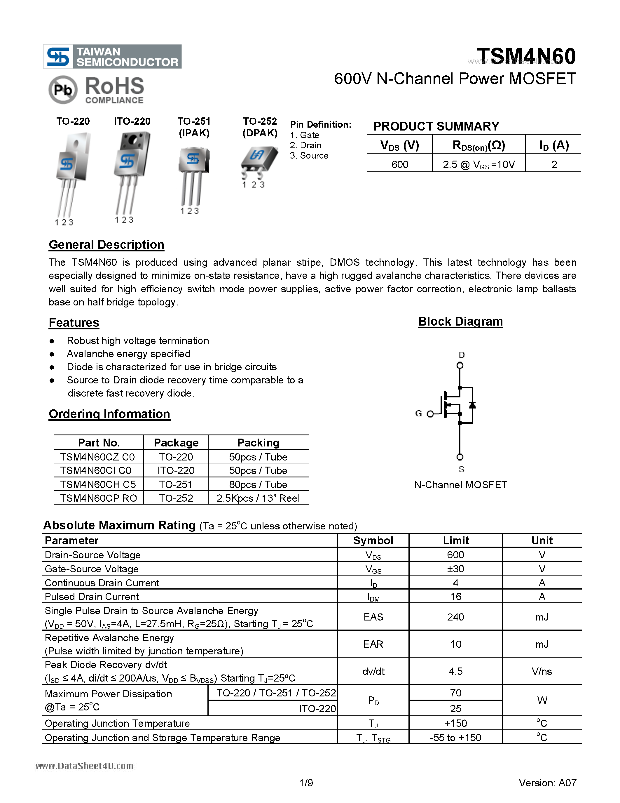 Даташит TSM4N60 - 600V N-Channel Power MOSFET страница 1