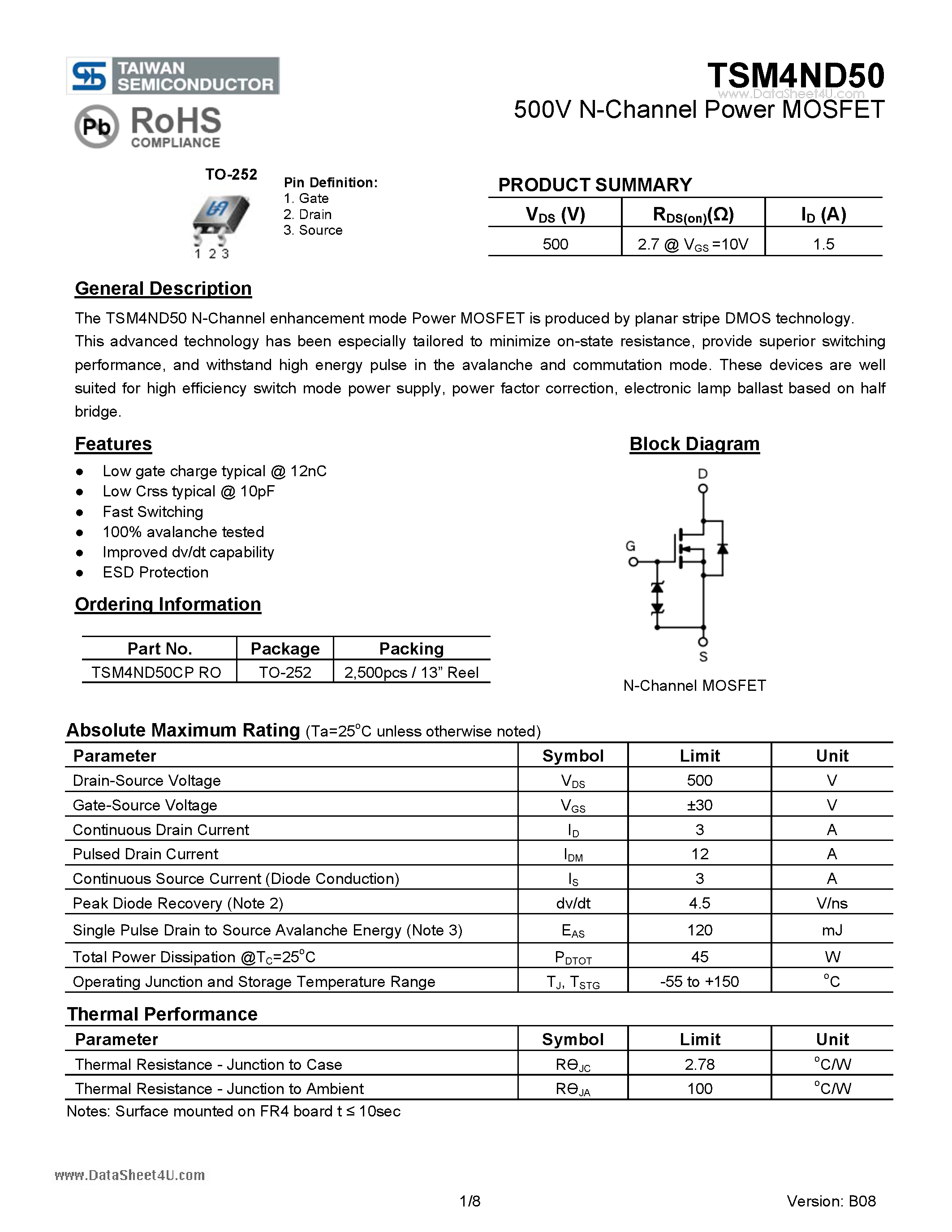 Даташит TSM4ND50 - 500V N-Channel Power MOSFET страница 1