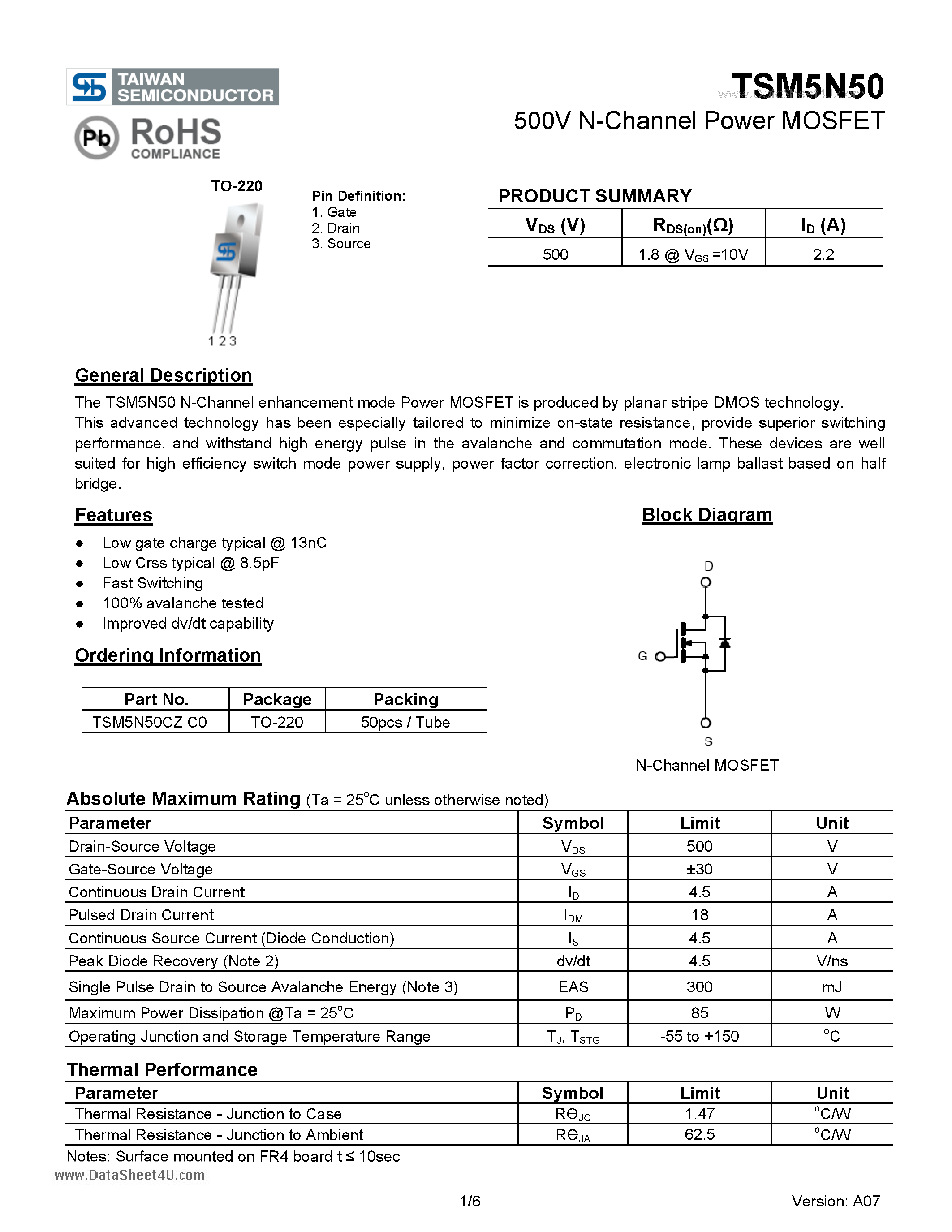 Даташит TSM5N50 - 500V N-Channel Power MOSFET страница 1