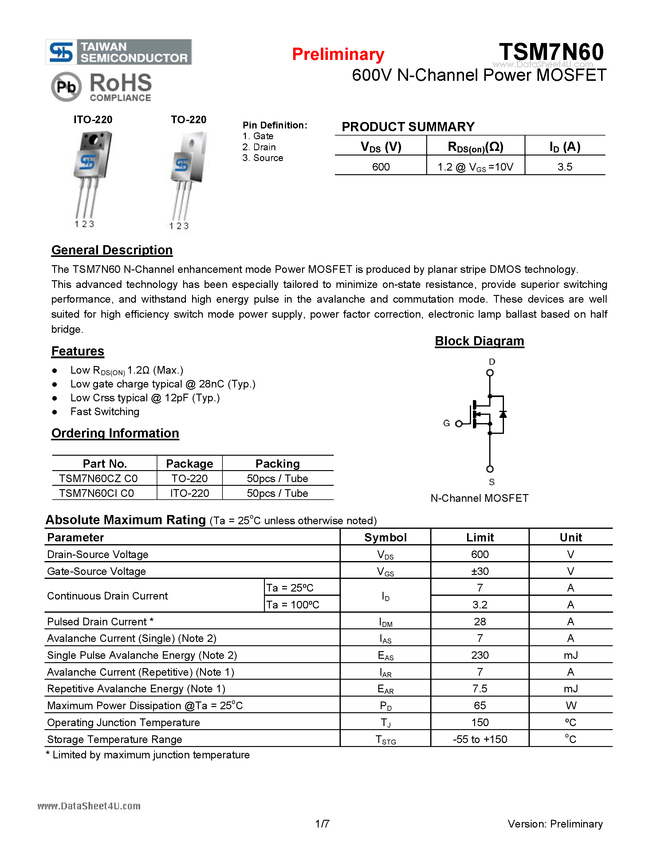 Даташит TSM7N60 - 600V N-Channel Power MOSFET страница 1