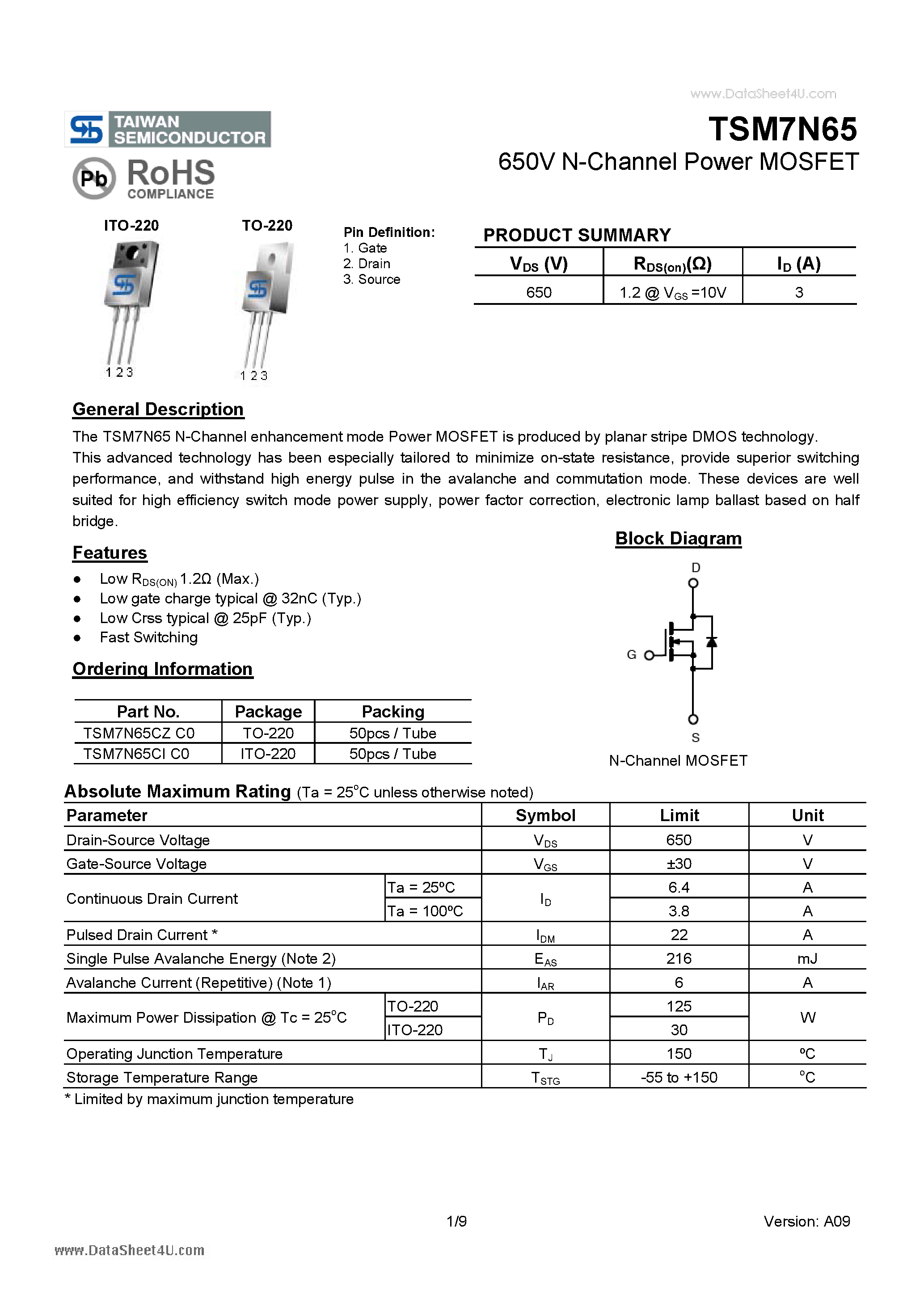 Даташит TSM7N65 - 650V N-Channel Power MOSFET страница 1