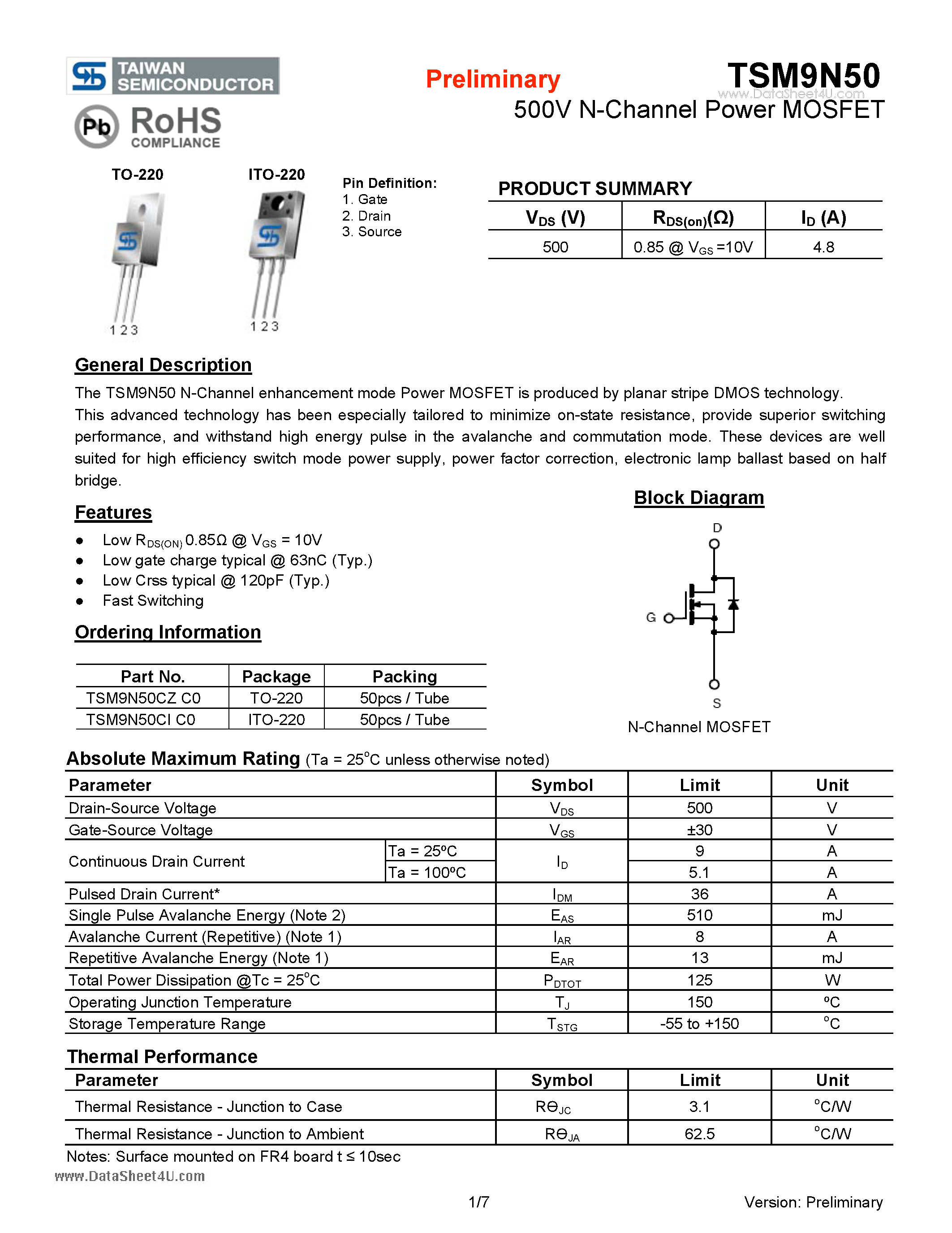 Даташит TSM9N50 - 500V N-Channel Power MOSFET страница 1