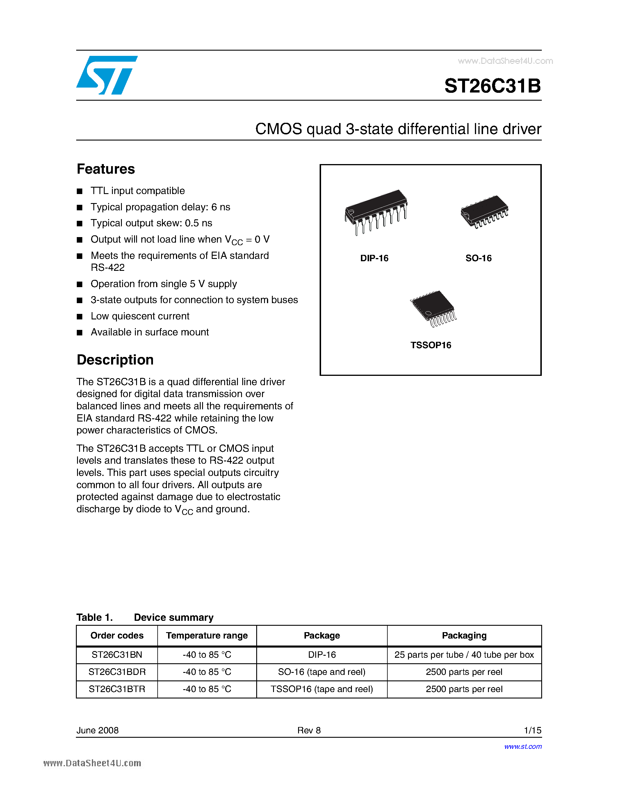 Даташит ST26C31B - CMOS quad 3-state differential line driver страница 1