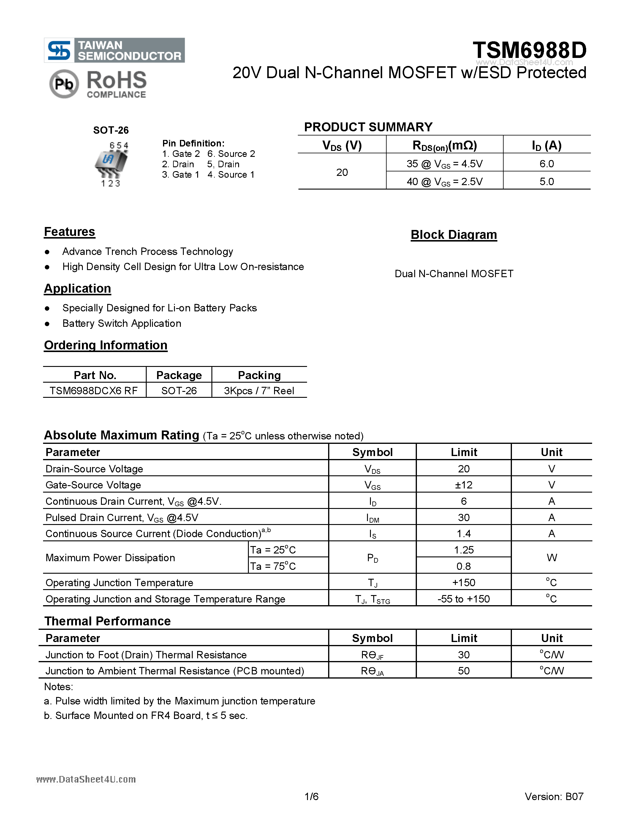 Даташит TSM6988D - 20V Dual N-Channel MOSFET w/ESD Protected страница 1