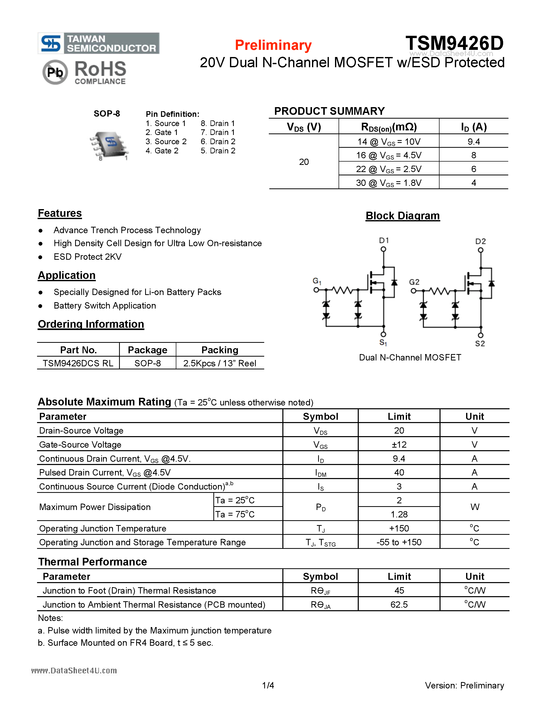 Даташит TSM9426D - 20V Dual N-Channel MOSFET w/ESD Protected страница 1