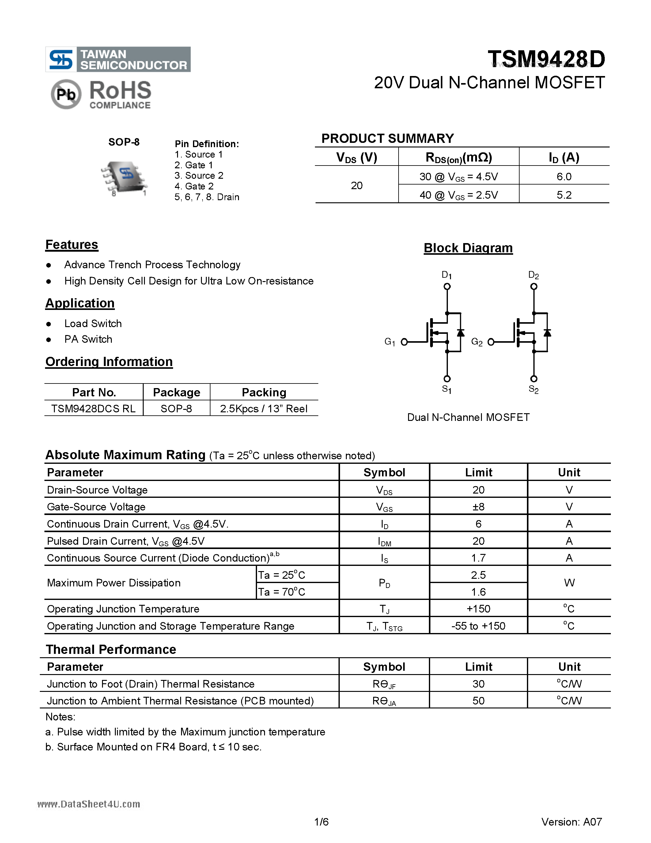 Даташит TSM9428D - 20V Dual N-Channel MOSFET страница 1