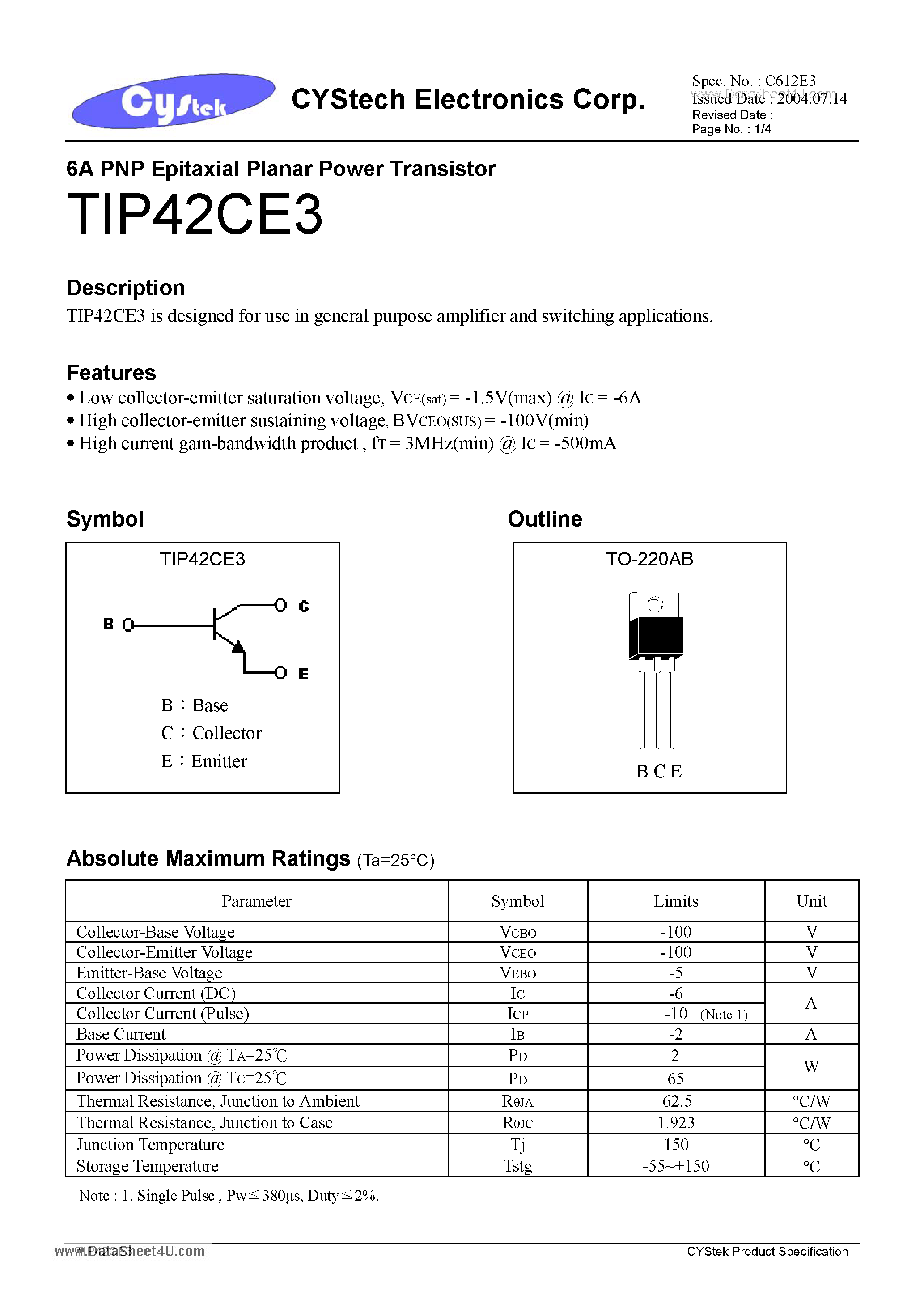 Даташит TIP42CE3 - 6A PNP Epitaxial Planar Power Transistor страница 1