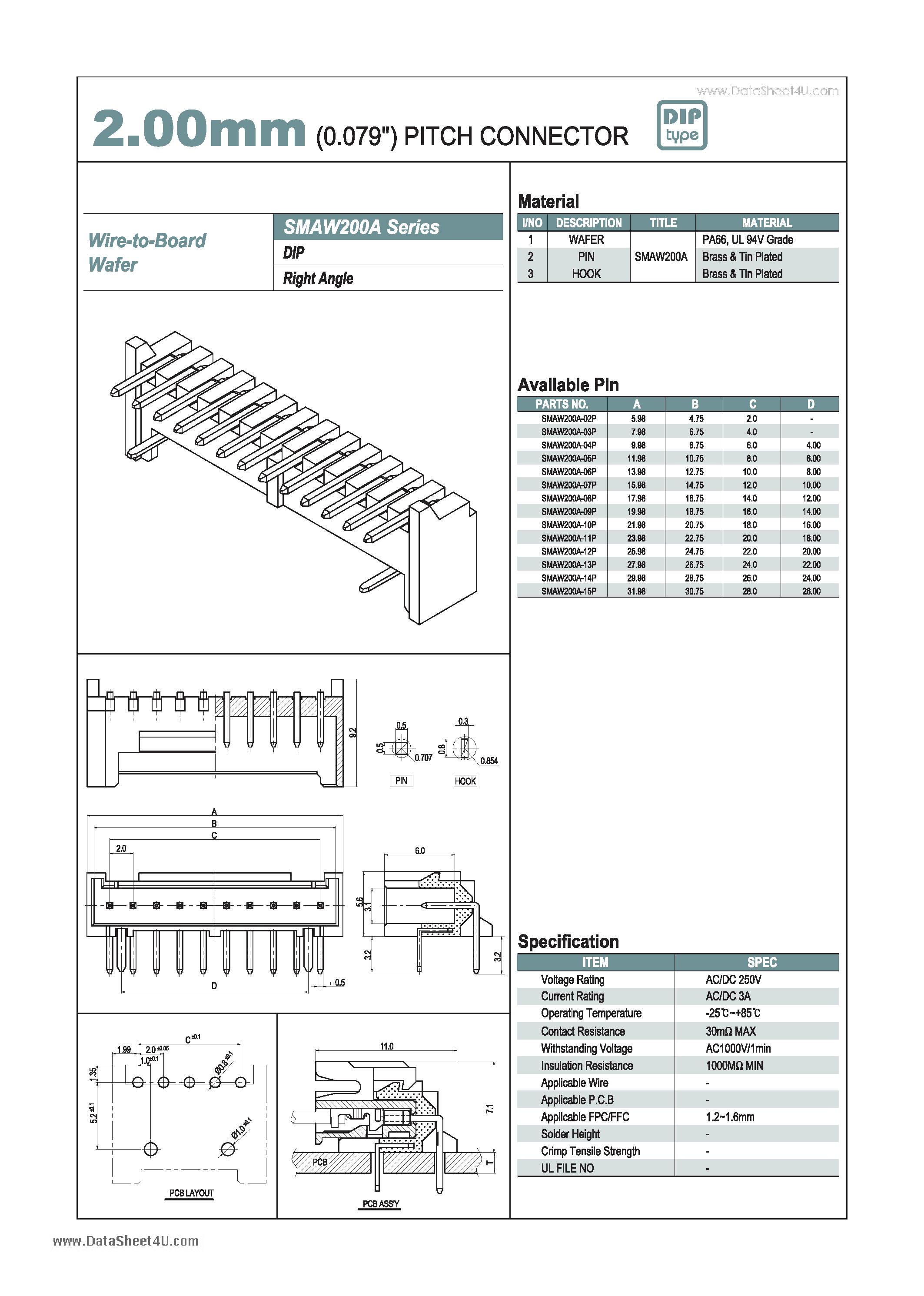 Даташит SMAW200A - 2.00mm PITCH CONNECTOR страница 1