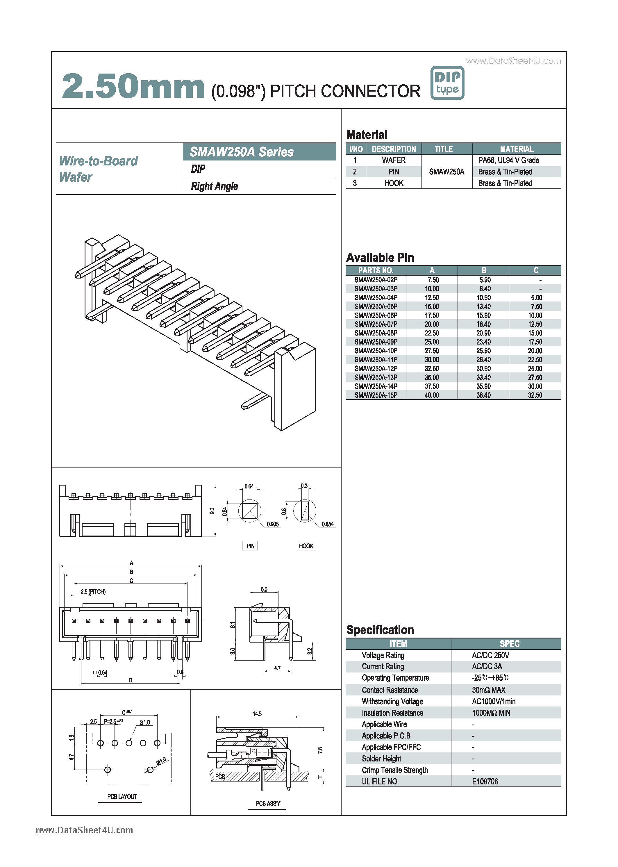 Даташит SMAW250A - 2.50mm PITCH CONNECTOR страница 1