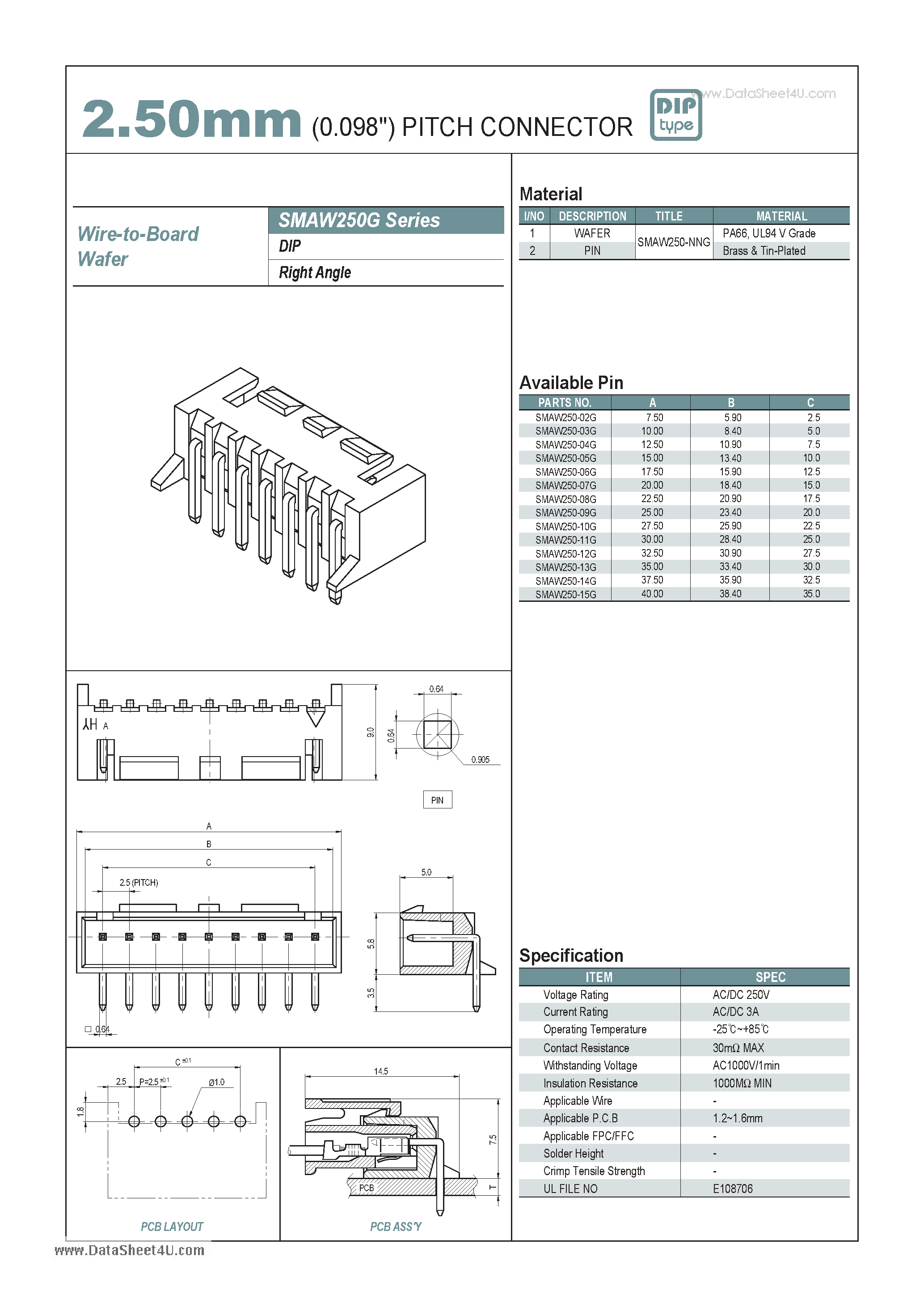 Даташит SMAW250G - 2.50mm PITCH CONNECTOR страница 1