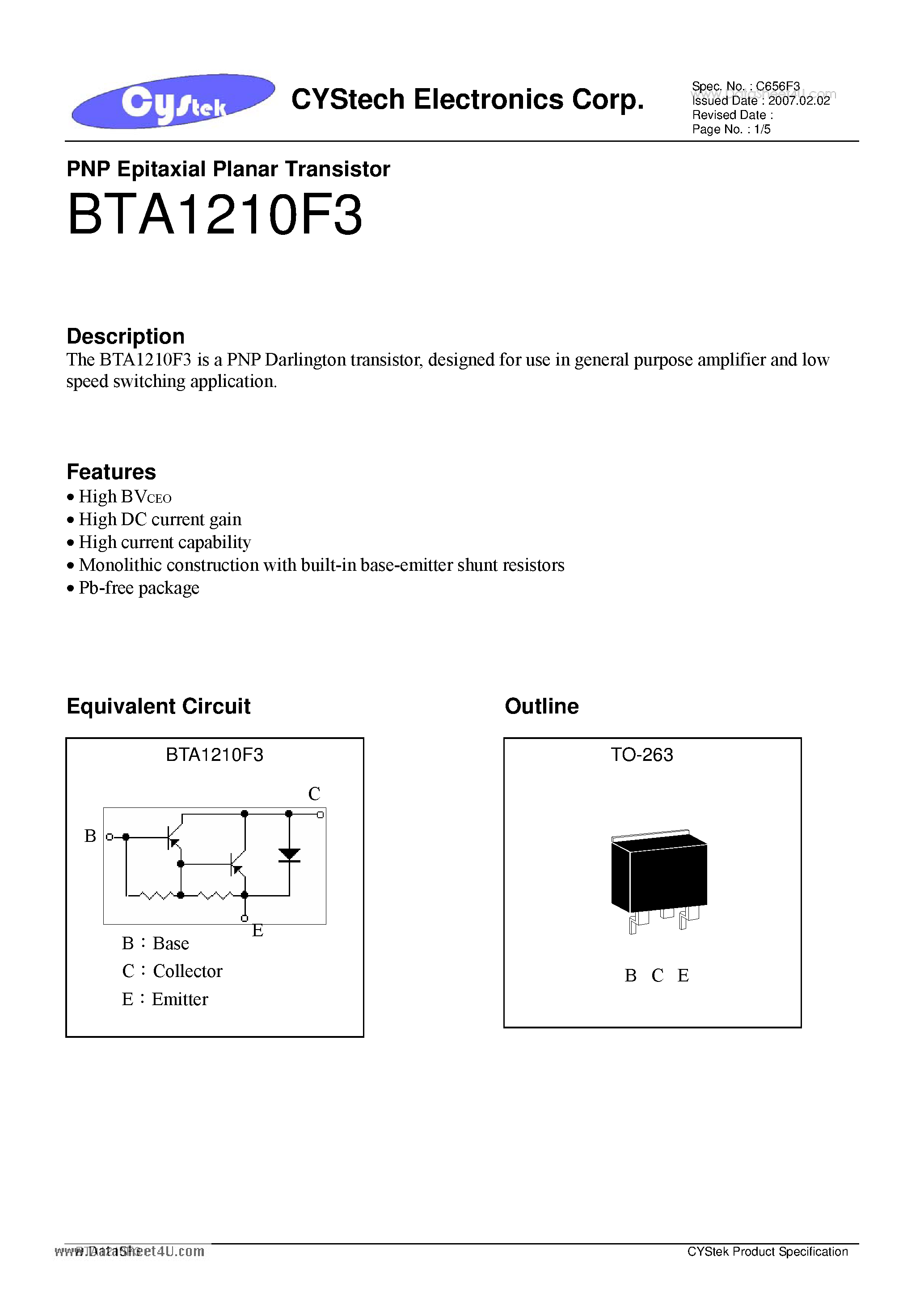 Datasheet BTA1210F3 - PNP Epitaxial Planar Transistor page 1