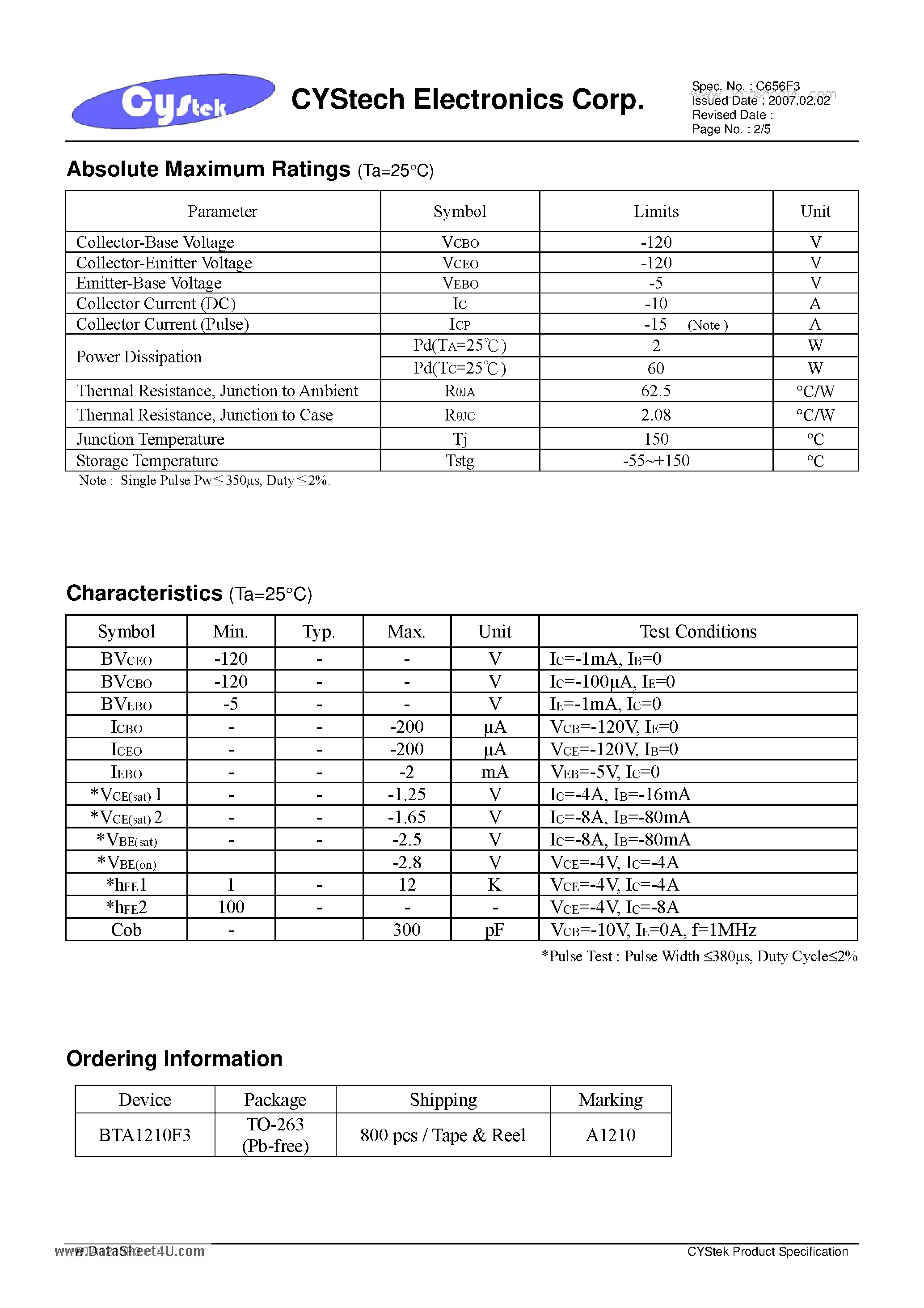 Datasheet BTA1210F3 - PNP Epitaxial Planar Transistor page 2