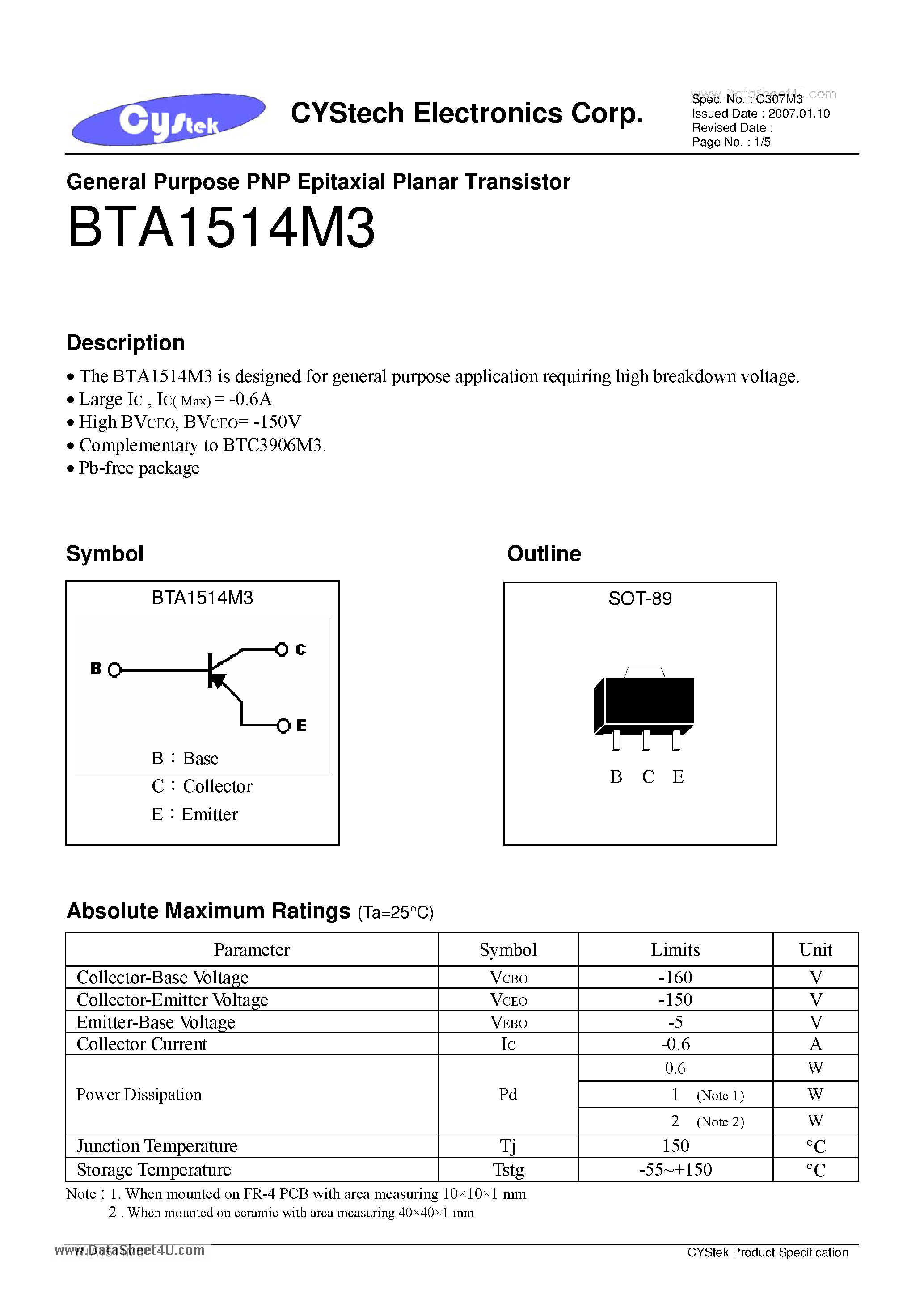 Datasheet BTA1514M3 - General Purpose PNP Epitaxial Planar Transistor page 1