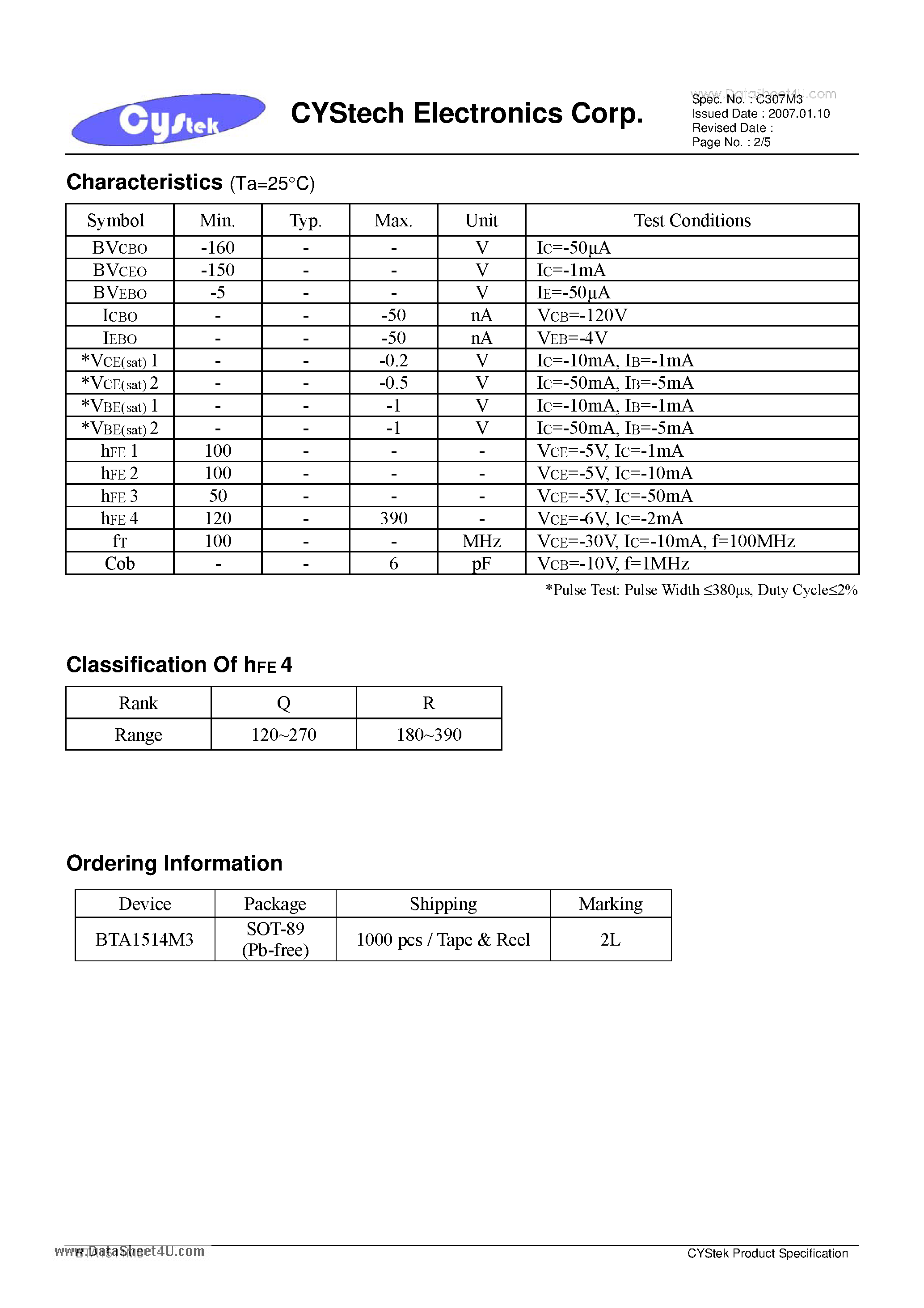 Datasheet BTA1514M3 - General Purpose PNP Epitaxial Planar Transistor page 2