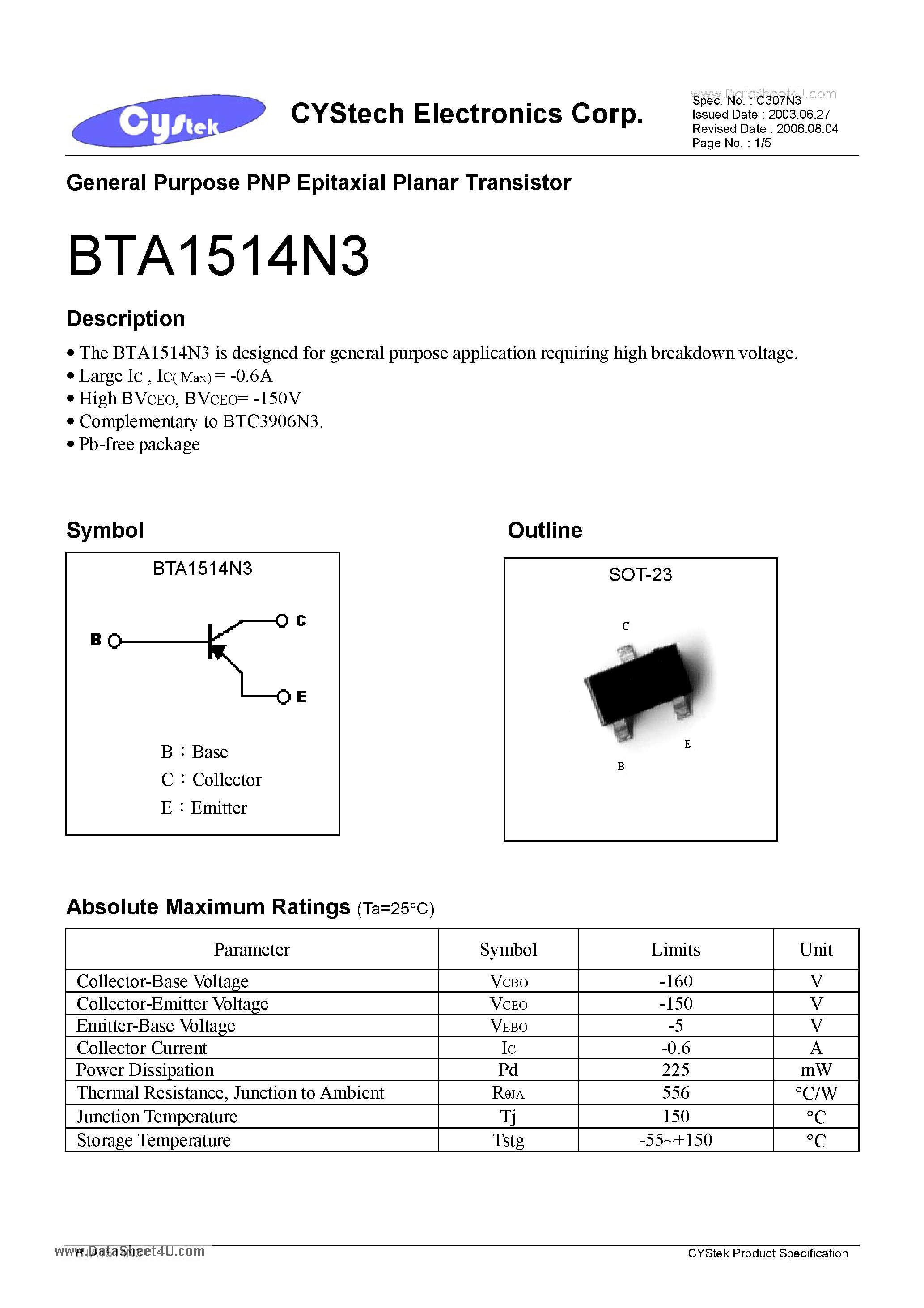 Datasheet BTA1514N3 - General Purpose PNP Epitaxial Planar Transistor page 1