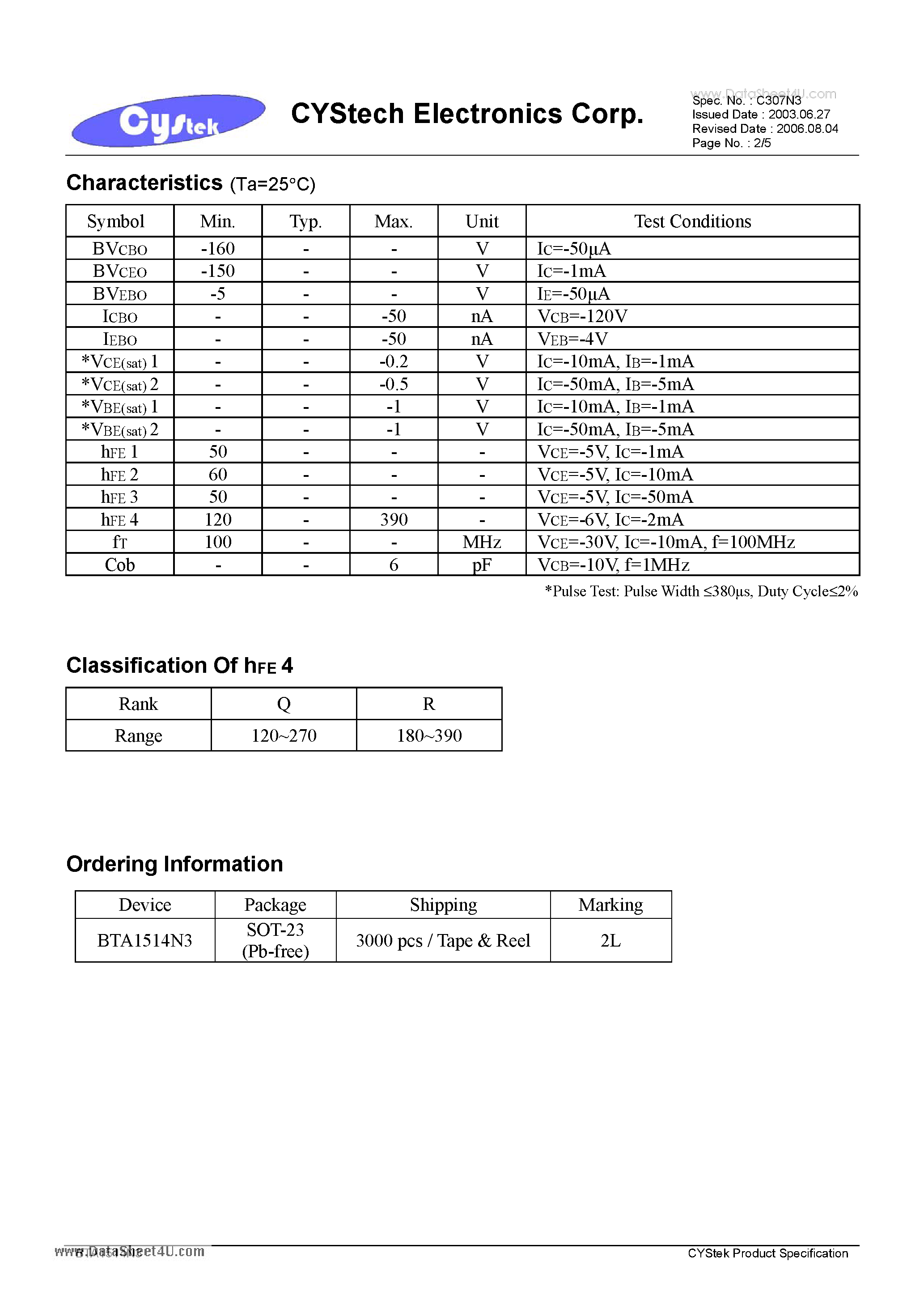 Datasheet BTA1514N3 - General Purpose PNP Epitaxial Planar Transistor page 2