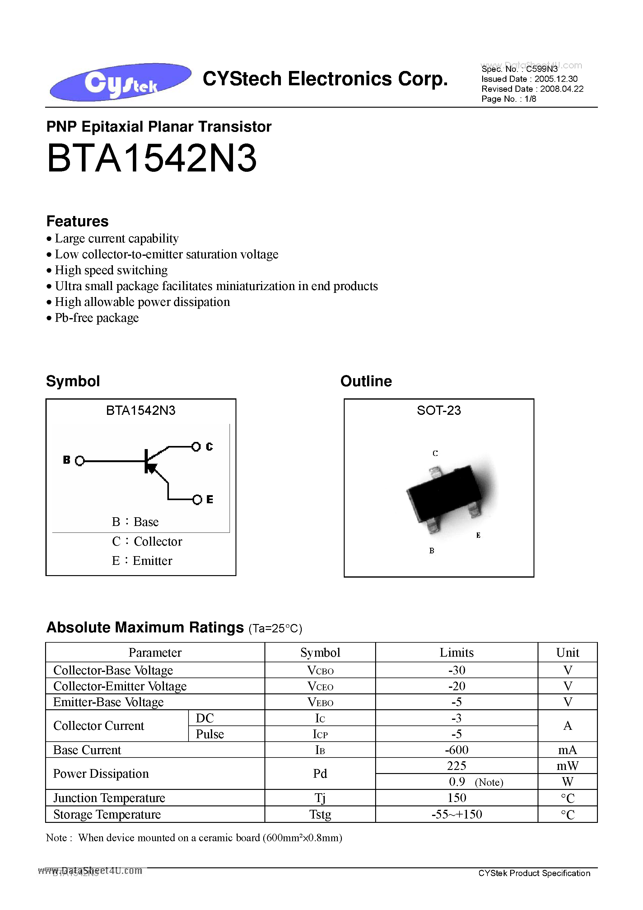 Datasheet BTA1542N3 - PNP Epitaxial Planar Transistor page 1