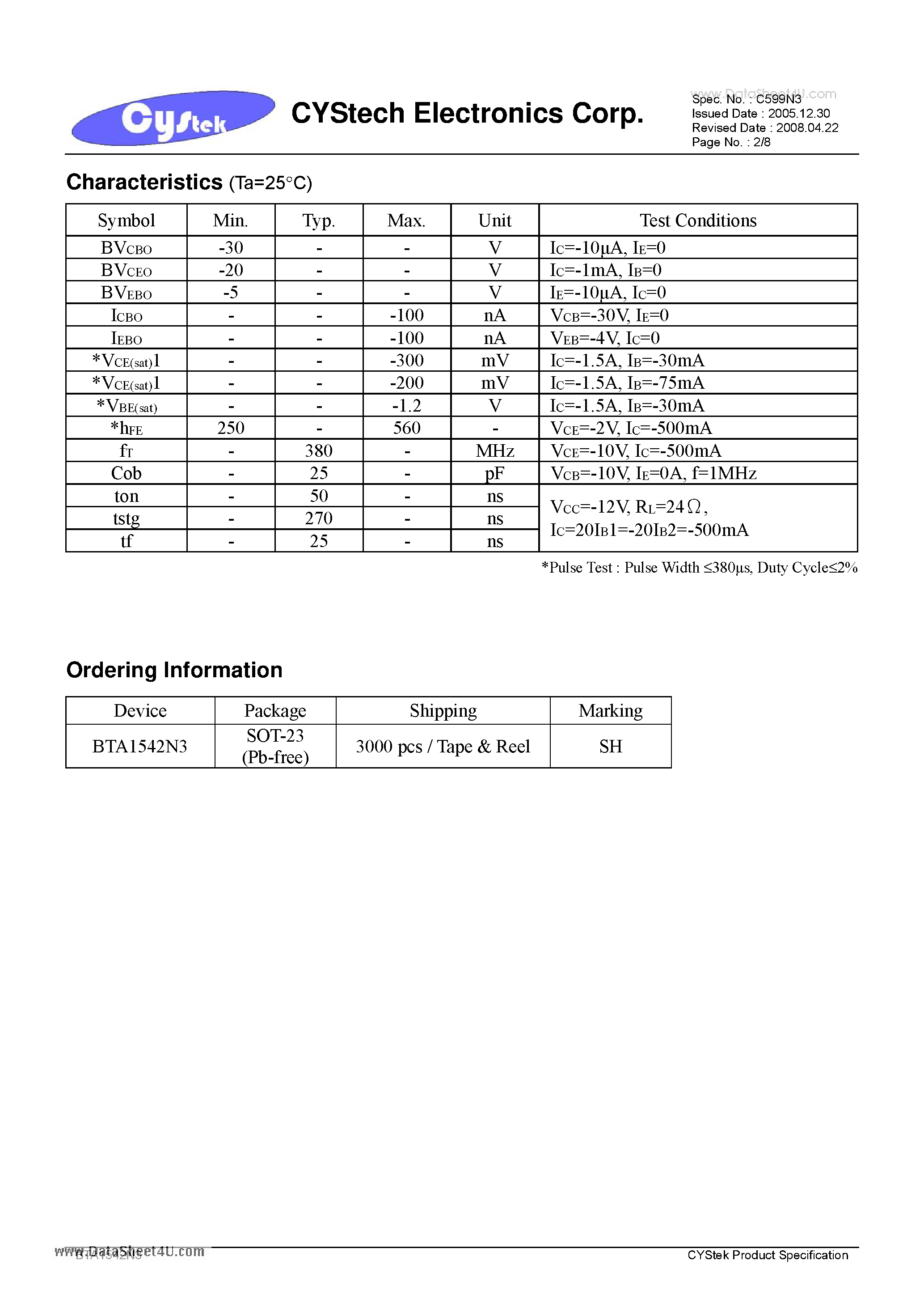 Datasheet BTA1542N3 - PNP Epitaxial Planar Transistor page 2