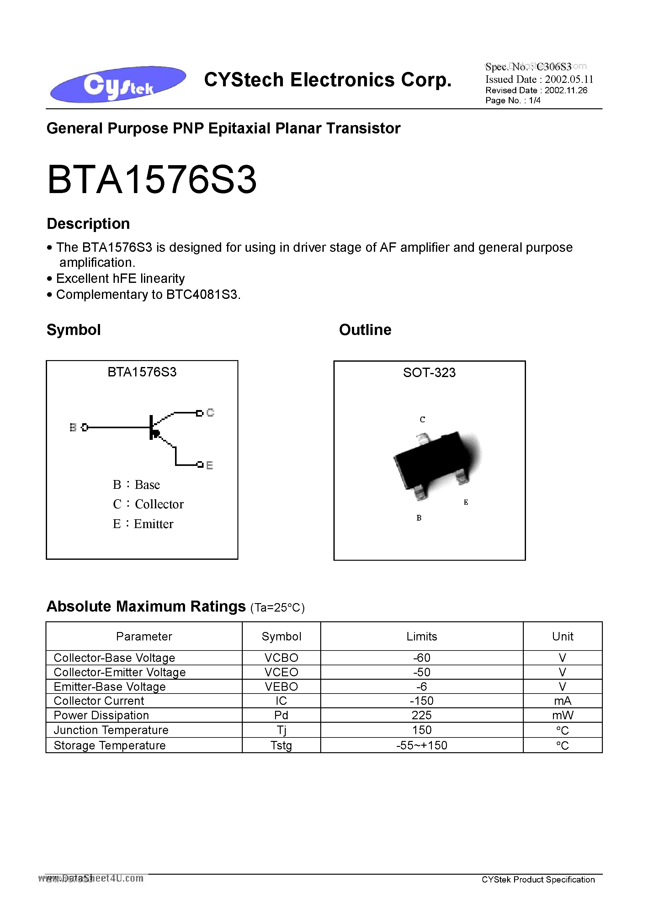 Datasheet BTA1576S3 - General Purpose PNP Epitaxial Planar Transistor page 1