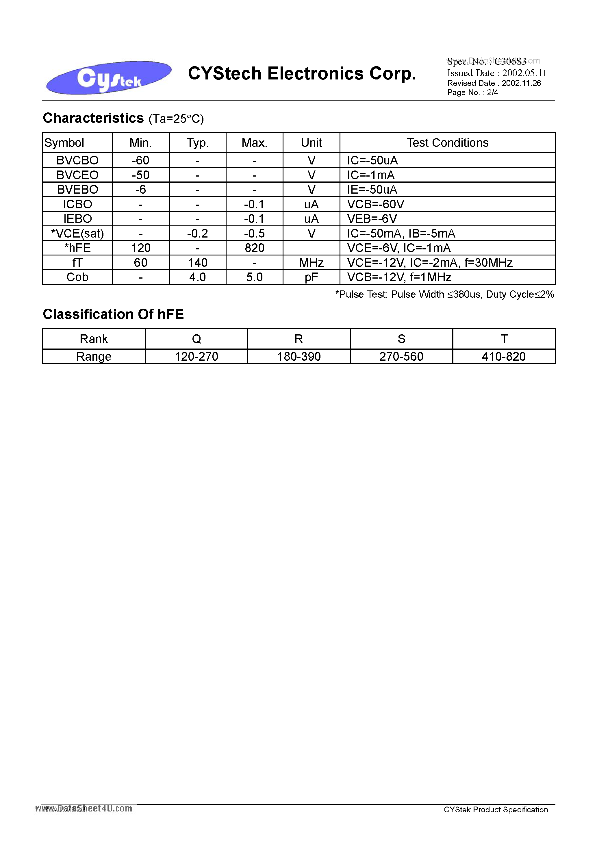 Datasheet BTA1576S3 - General Purpose PNP Epitaxial Planar Transistor page 2