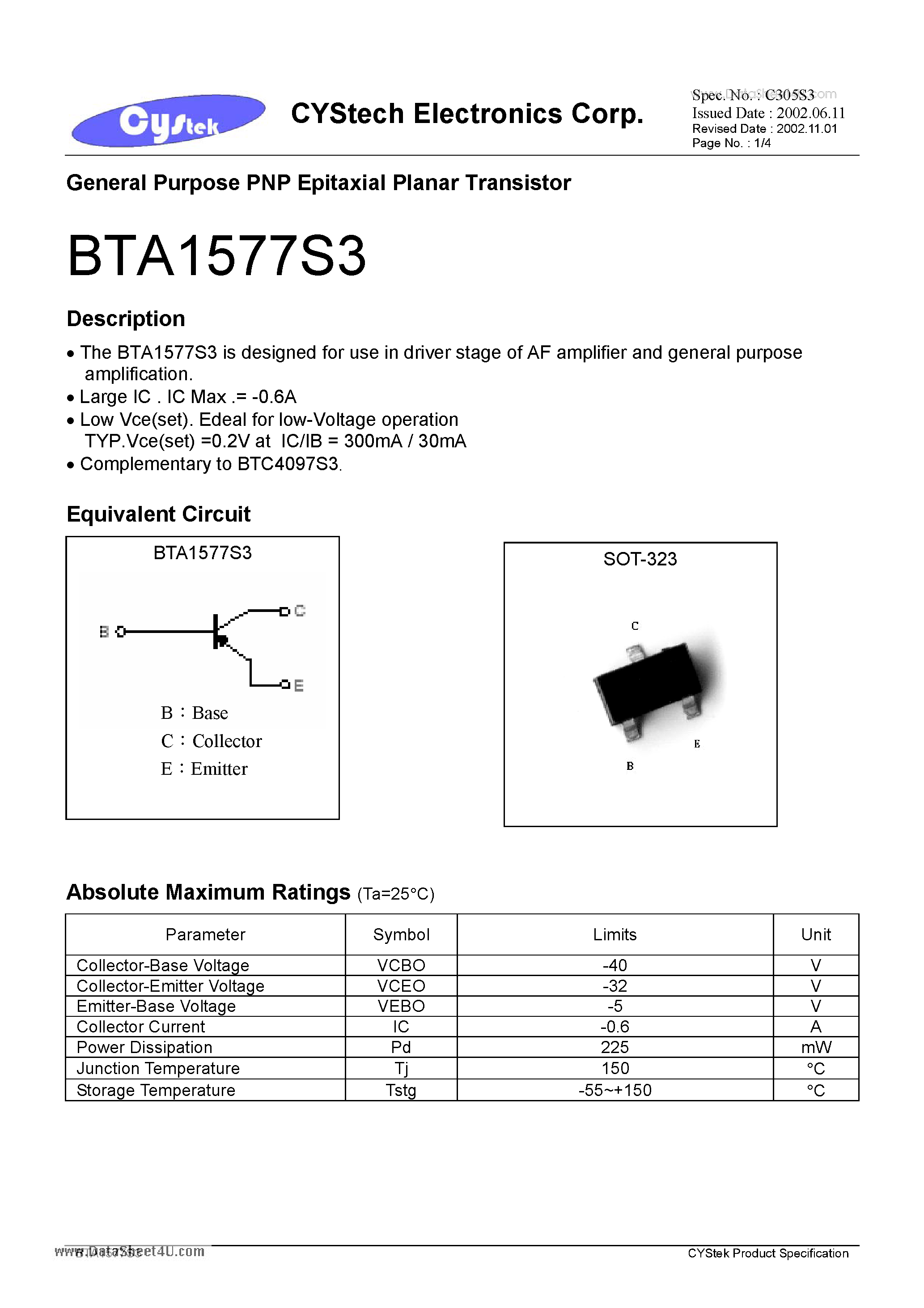 Datasheet BTA1577S3 - General Purpose PNP Epitaxial Planar Transistor page 1