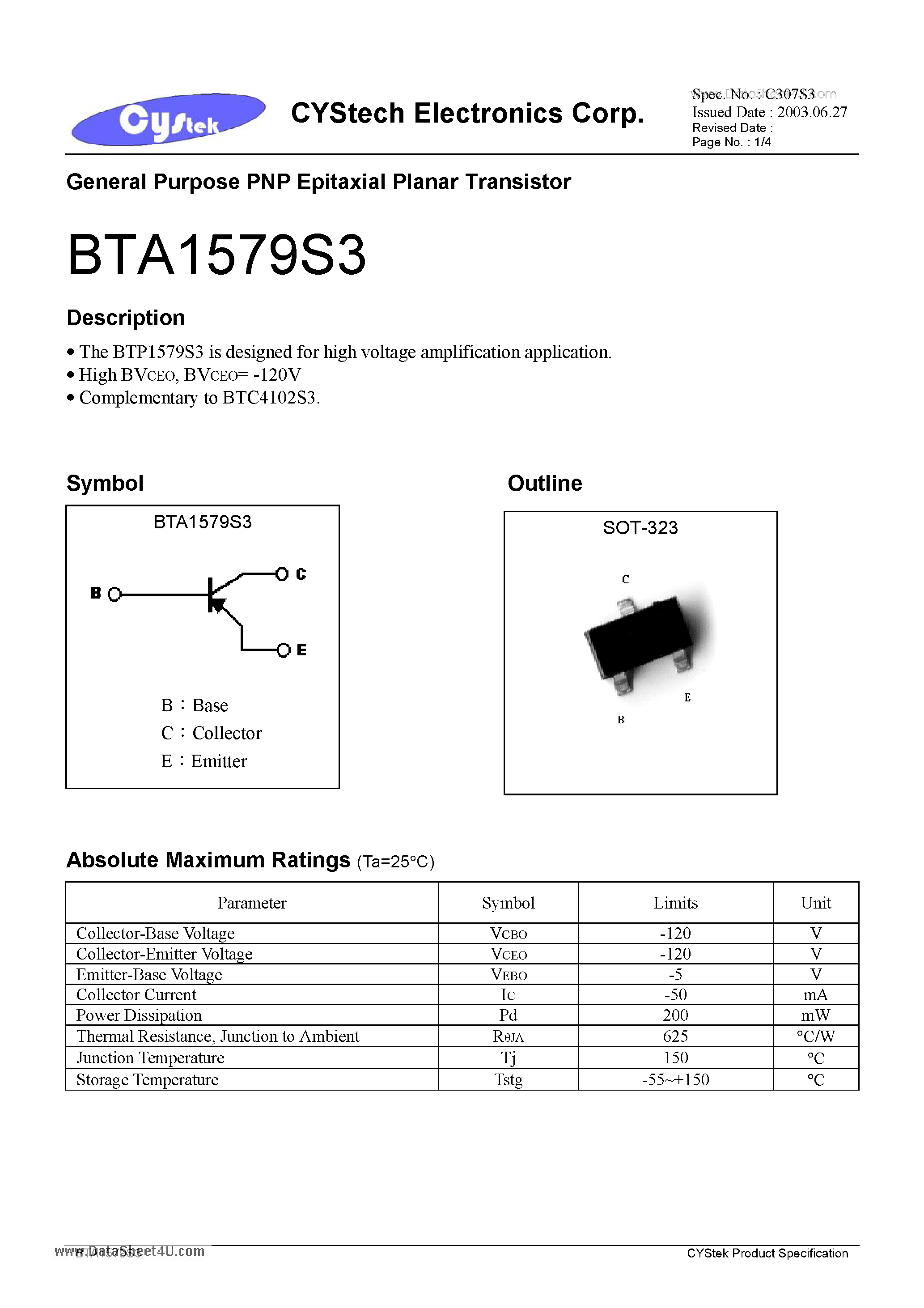 Datasheet BTA1579S3 - General Purpose PNP Epitaxial Planar Transistor page 1