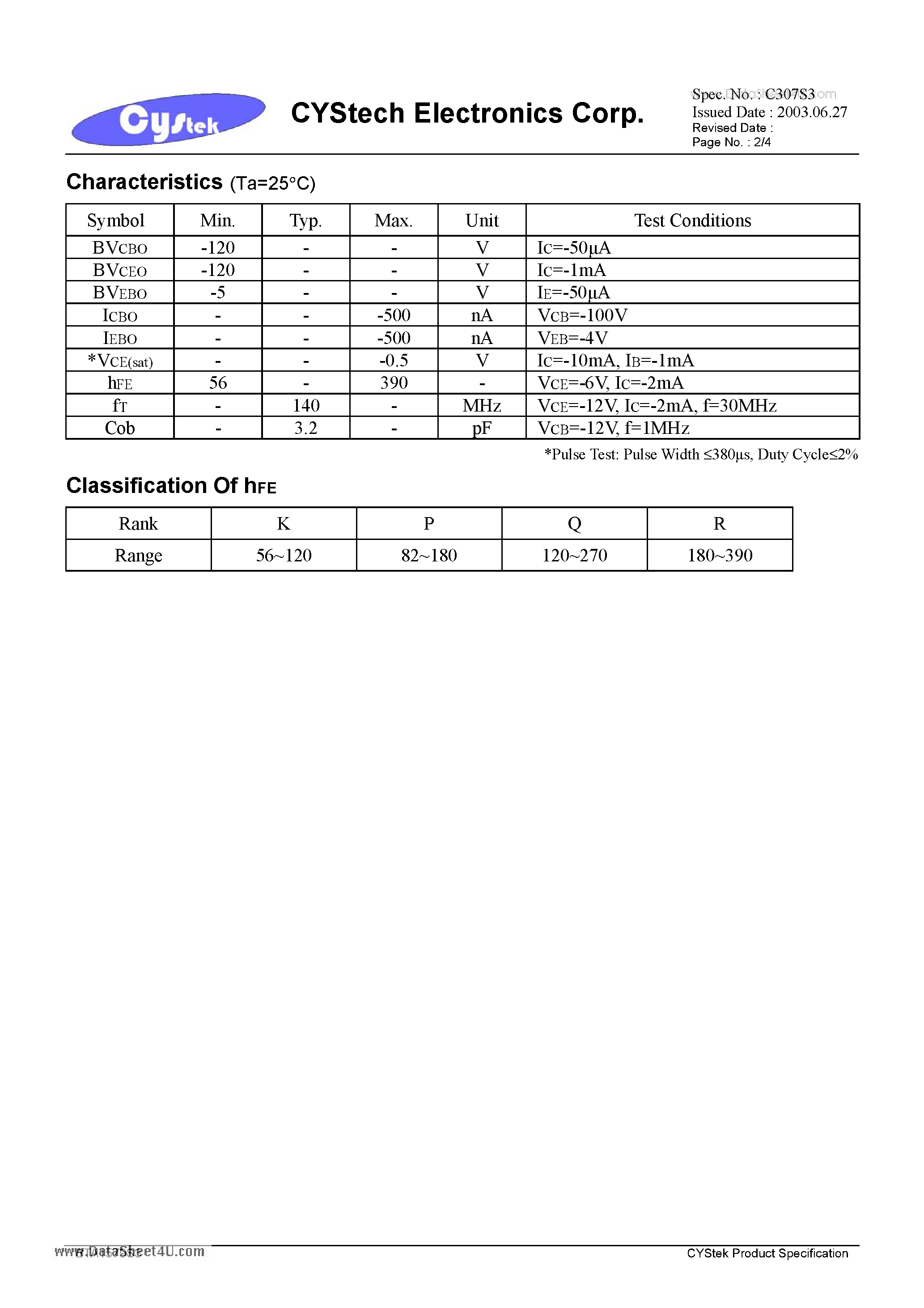 Datasheet BTA1579S3 - General Purpose PNP Epitaxial Planar Transistor page 2