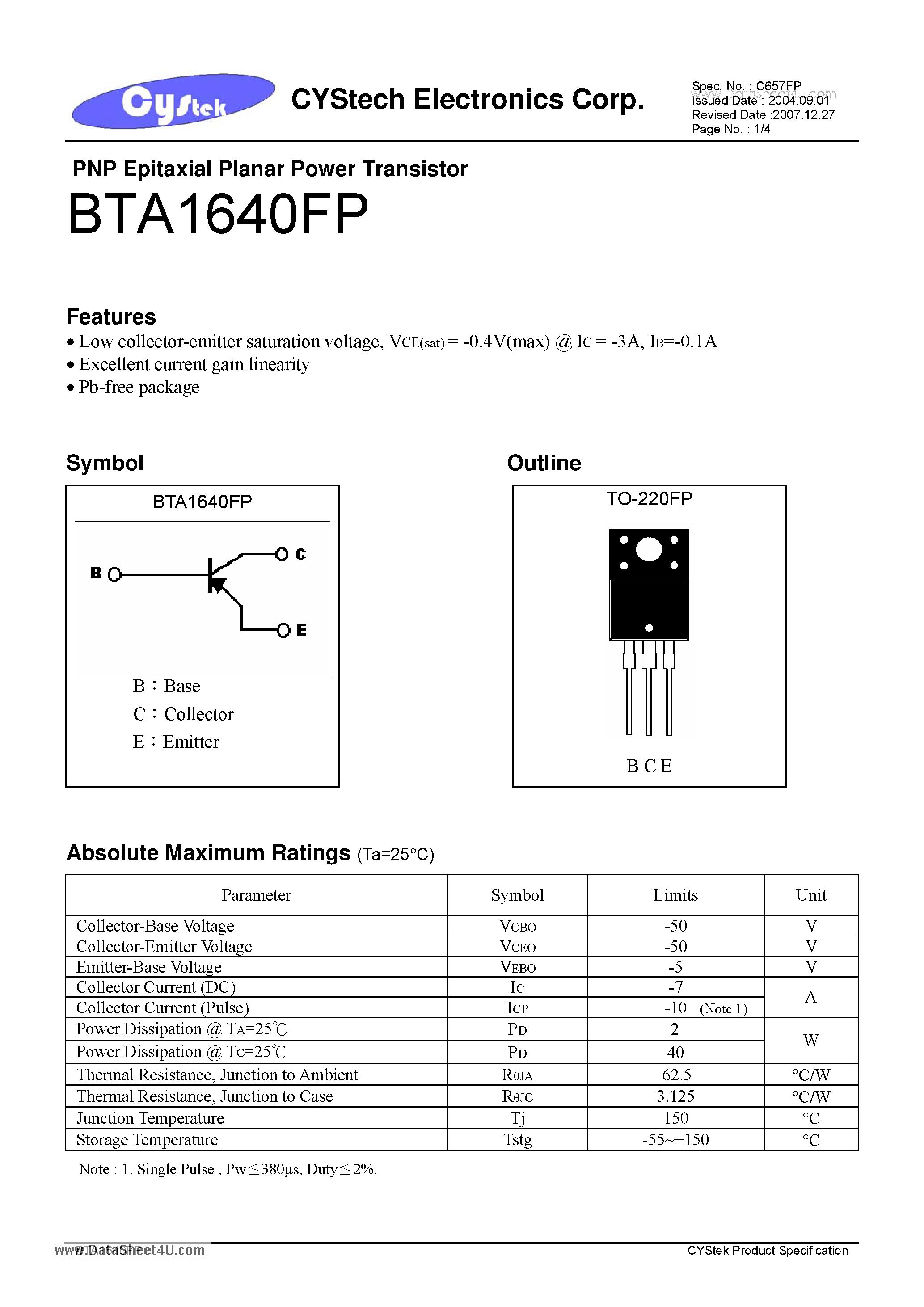 Datasheet BTA1640FP - PNP Epitaxial Planar Power Transistor page 1