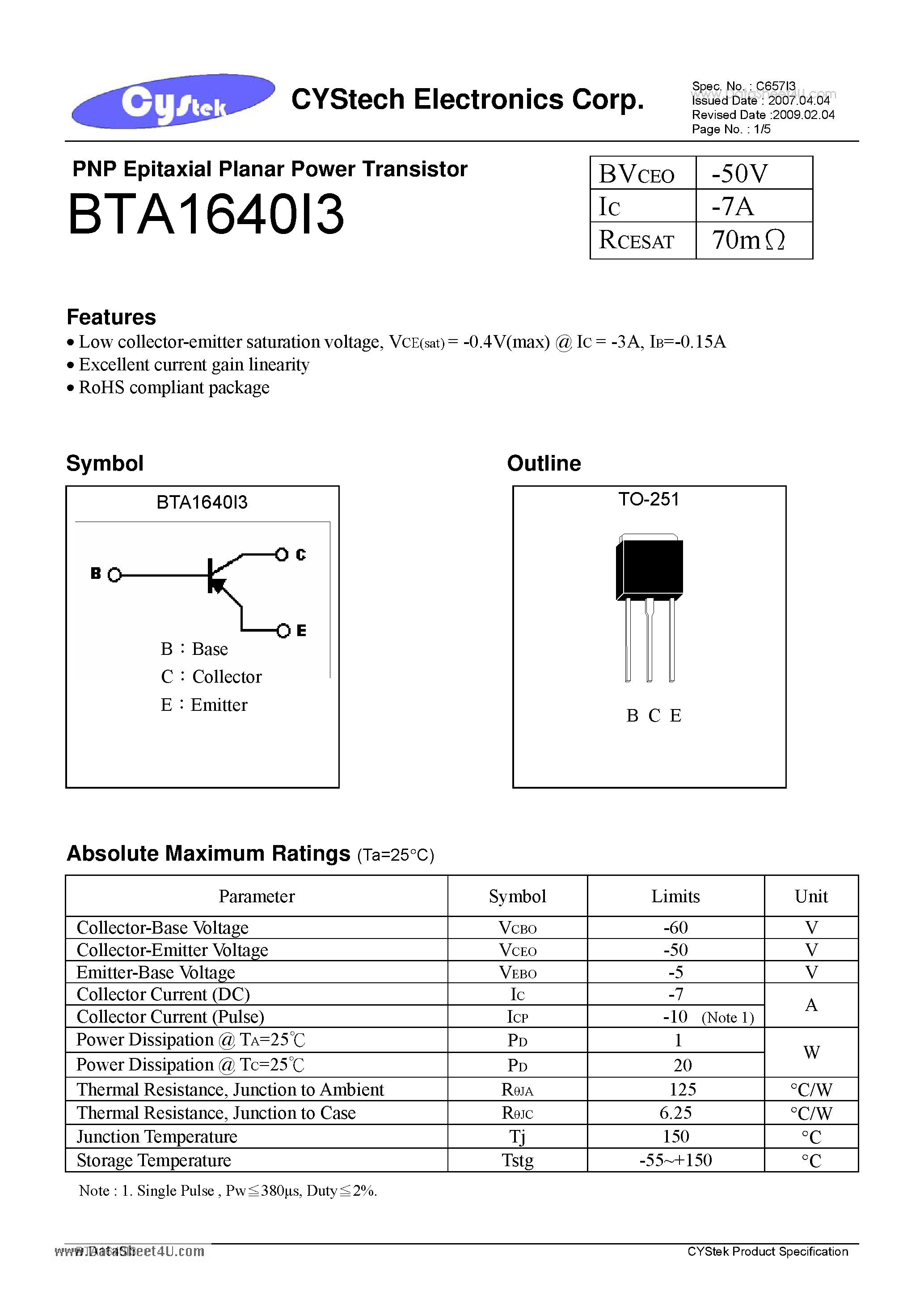 Datasheet BTA1640I3 - PNP Epitaxial Planar Power Transistor page 1