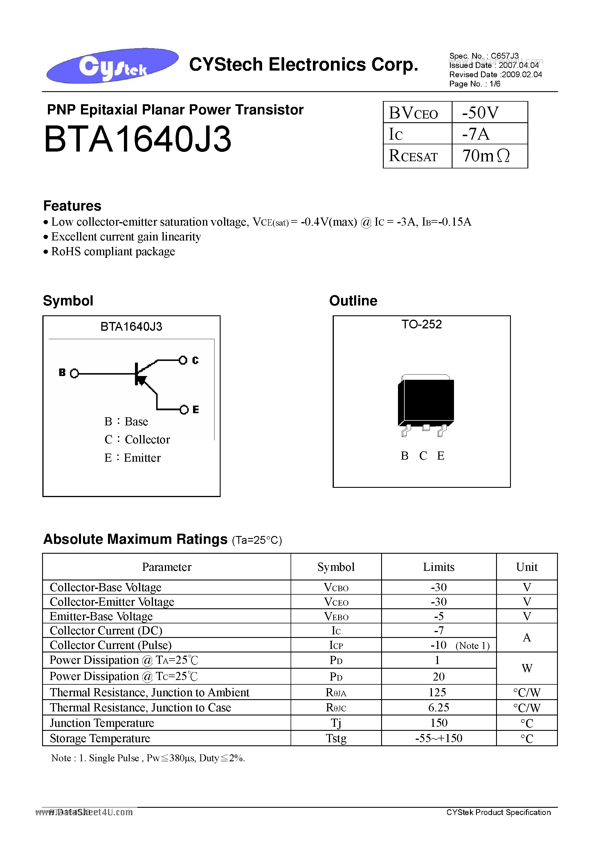 Datasheet BTA1640J3 - PNP Epitaxial Planar Power Transistor page 1