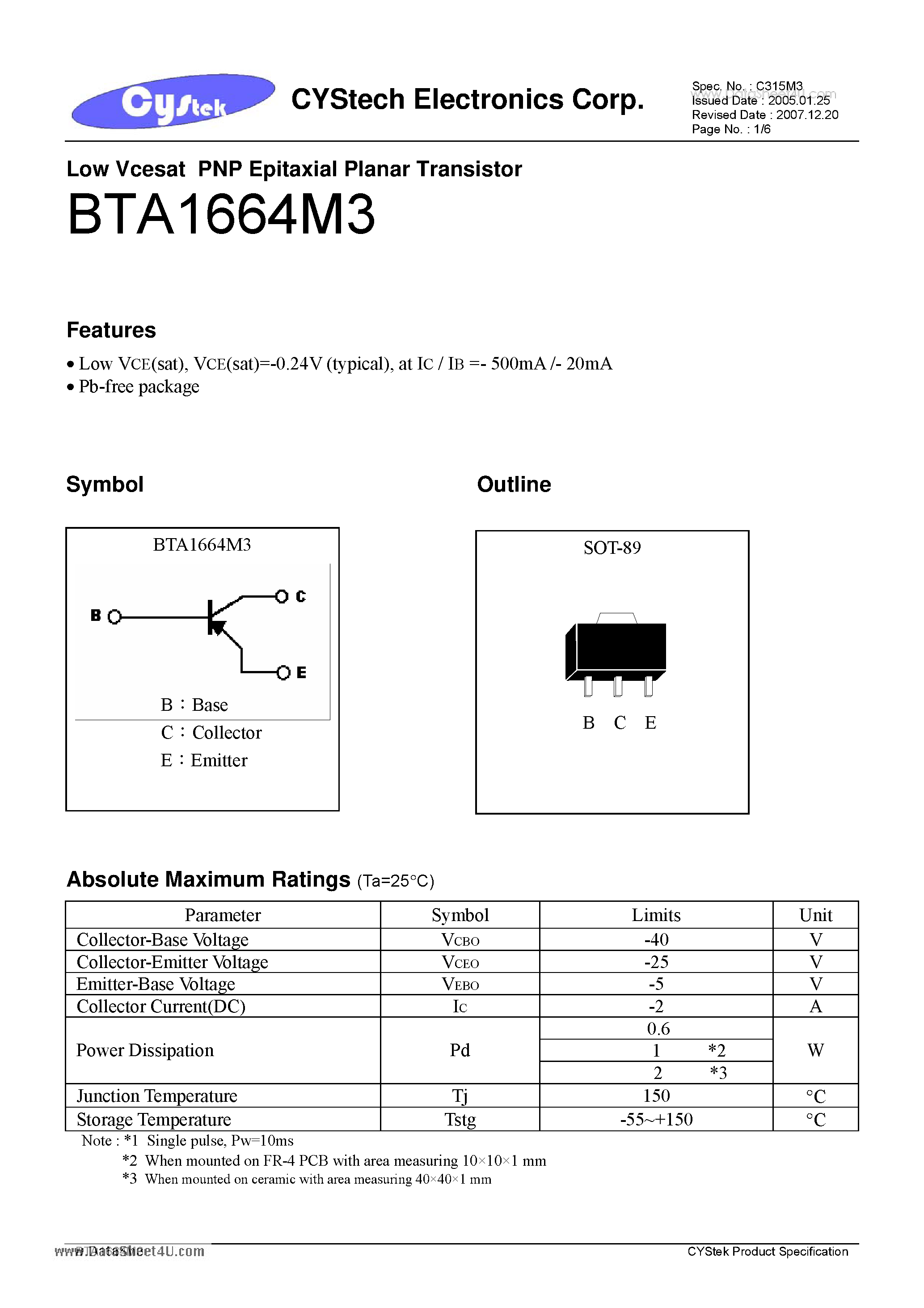 Datasheet BTA1664M3 - Low Vcesat PNP Epitaxial Planar Transistor page 1