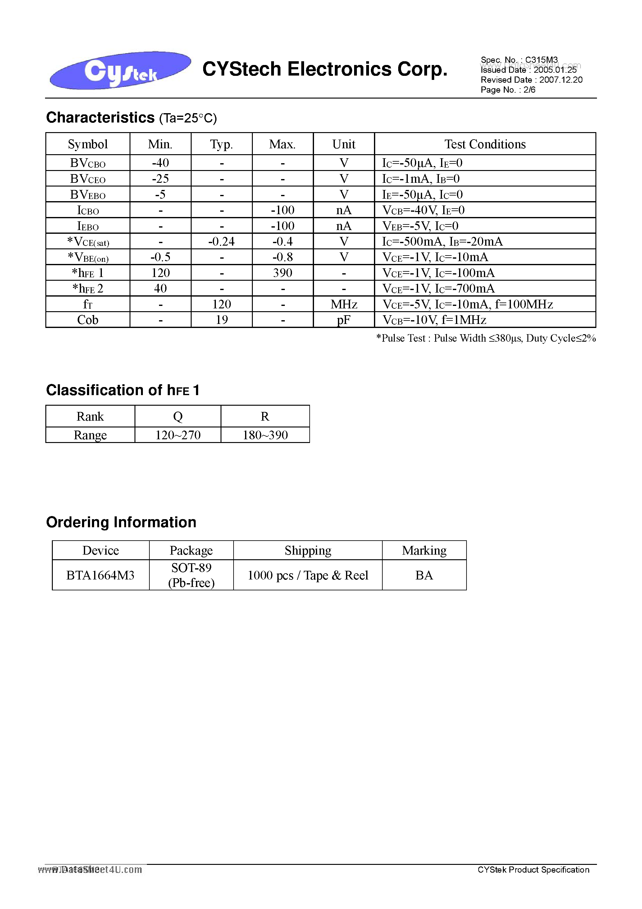 Datasheet BTA1664M3 - Low Vcesat PNP Epitaxial Planar Transistor page 2