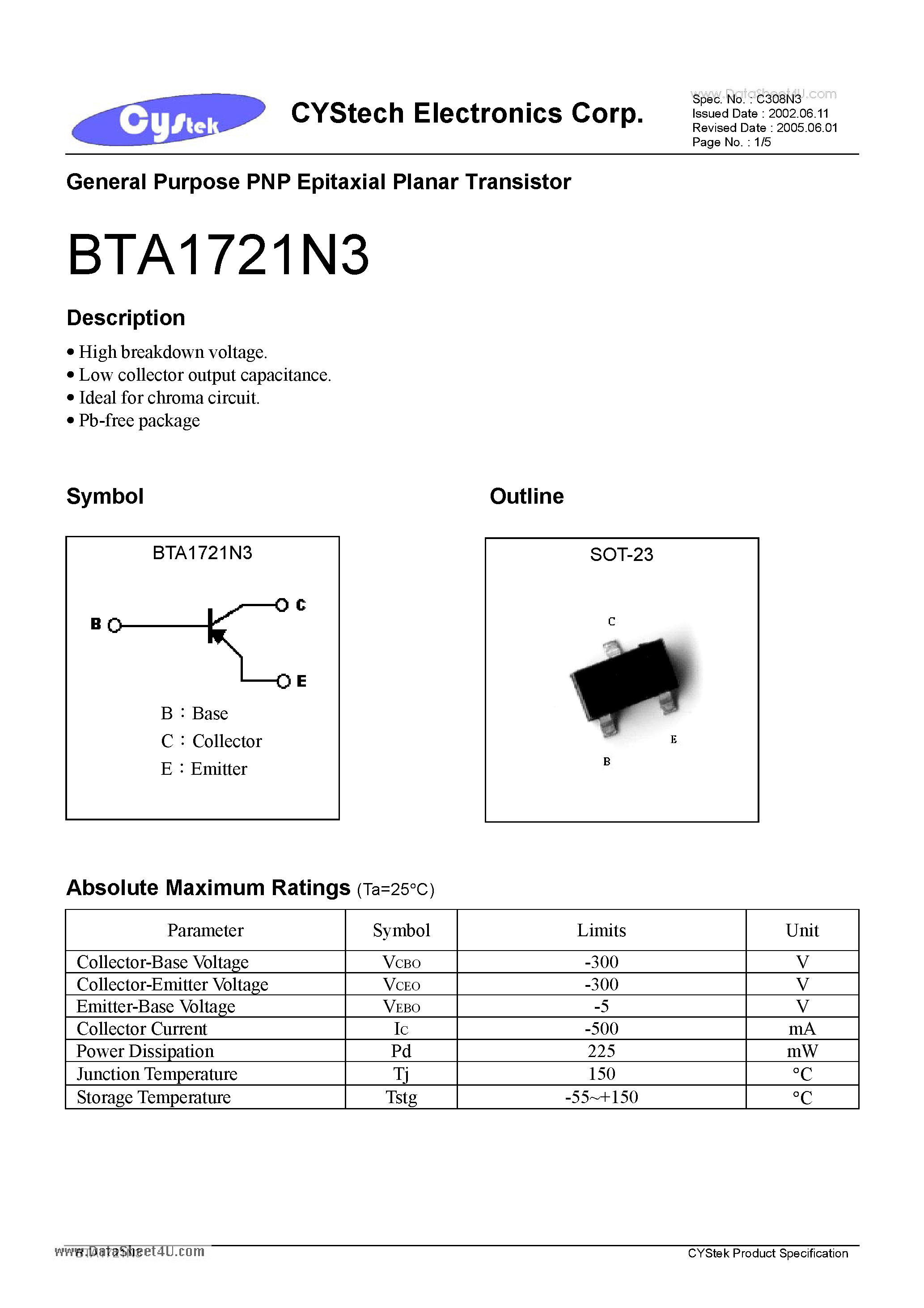 Datasheet BTA1721N3 - General Purpose PNP Epitaxial Planar Transistor page 1