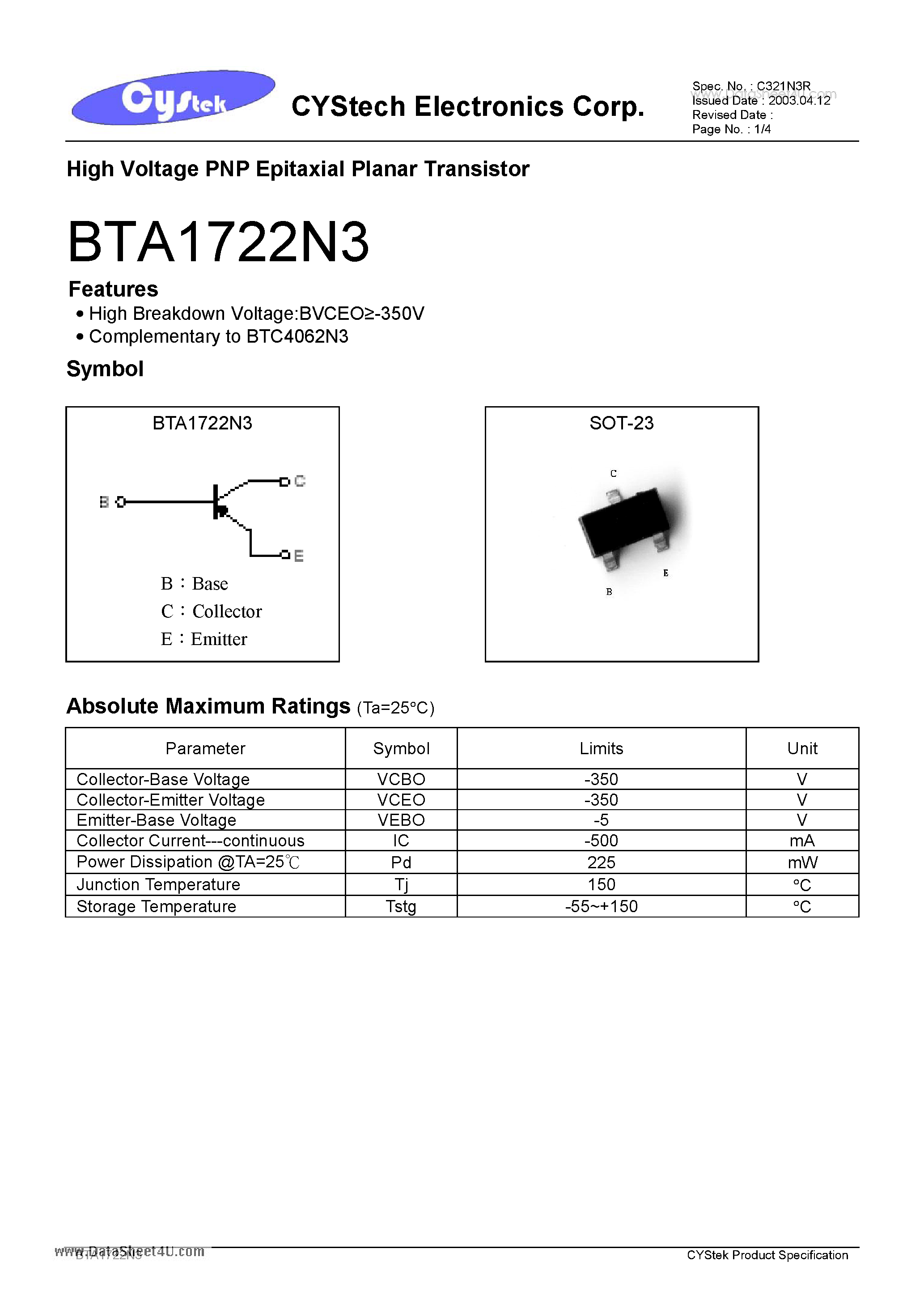 Datasheet BTA1722N3 - High Voltage PNP Epitaxial Planar Transistor page 1