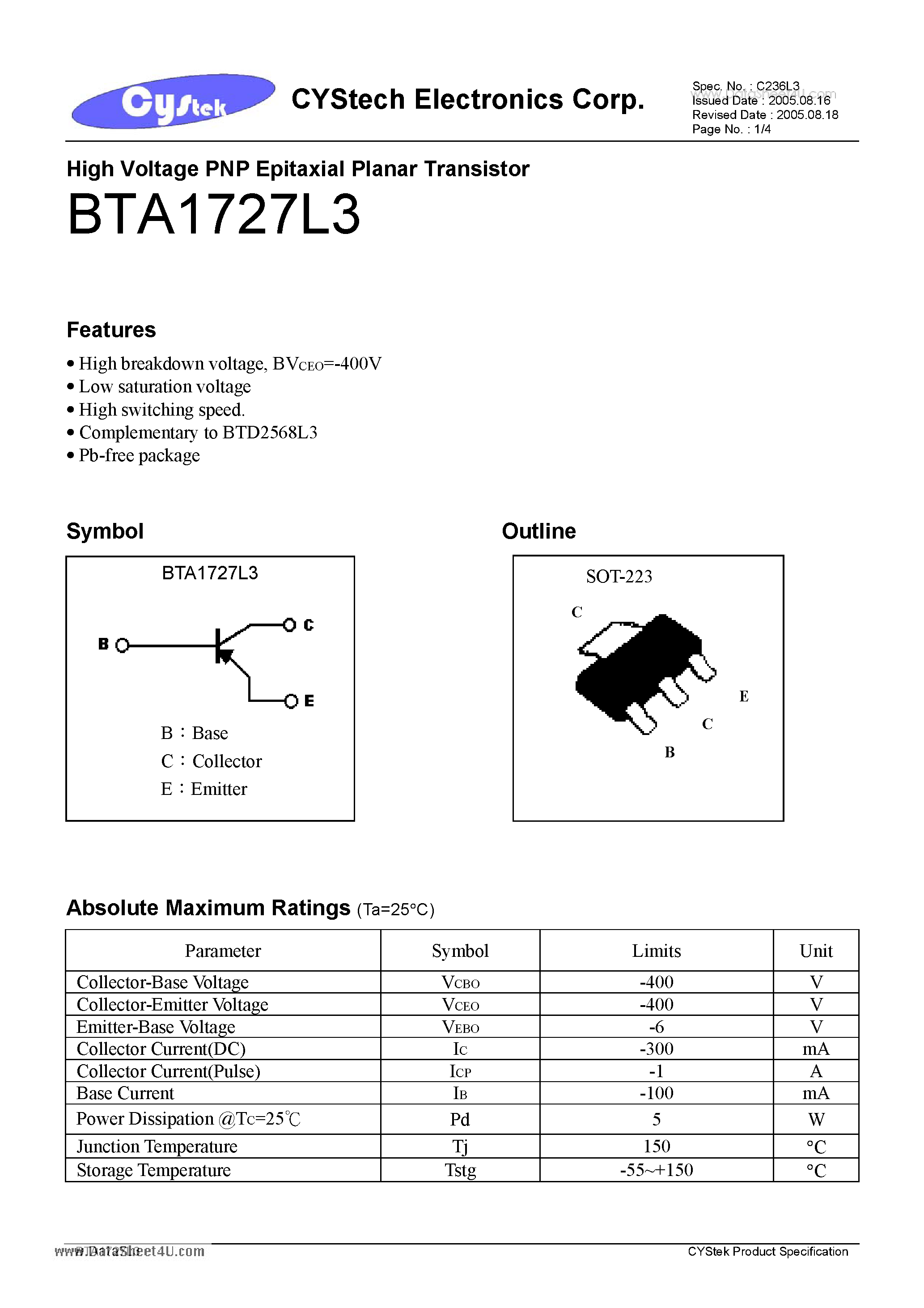 Datasheet BTA1727L3 - High Voltage PNP Epitaxial Planar Transistor page 1