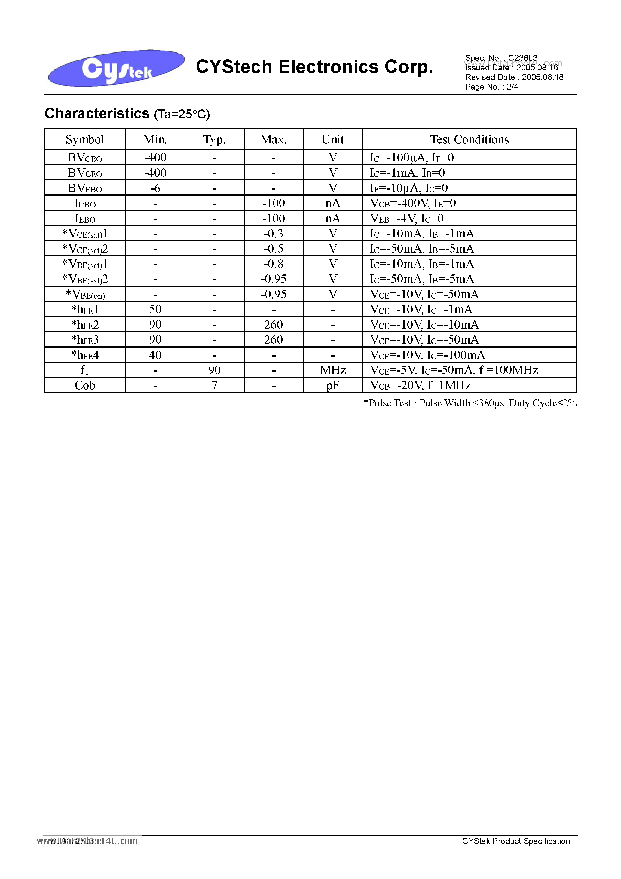 Datasheet BTA1727L3 - High Voltage PNP Epitaxial Planar Transistor page 2