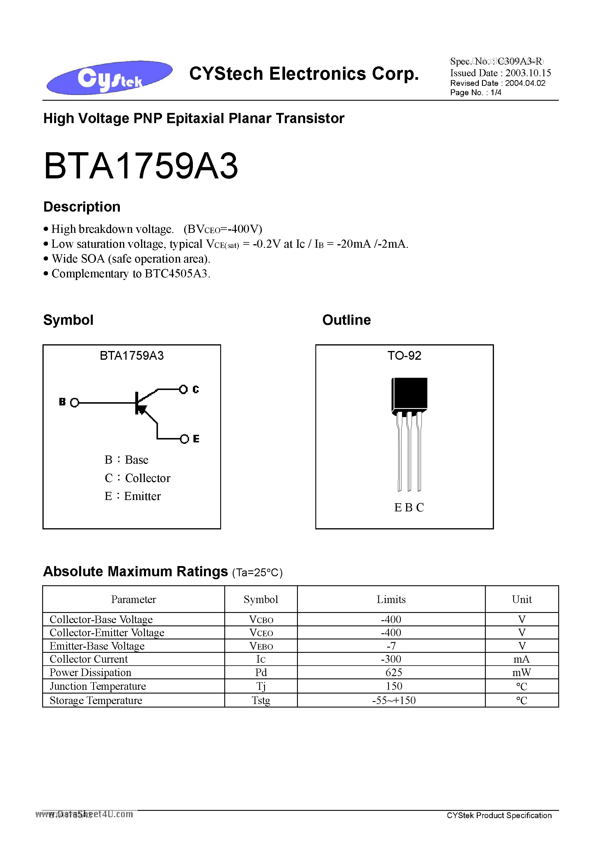 Datasheet BTA1759A3 - High Voltage PNP Epitaxial Planar Transistor page 1