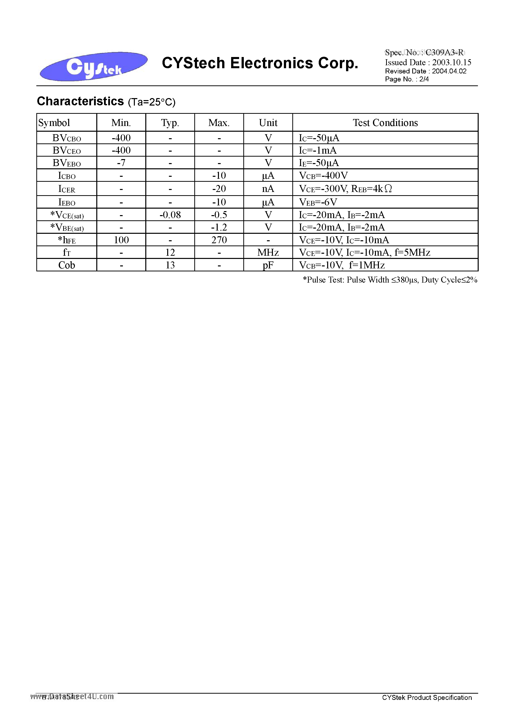 Datasheet BTA1759A3 - High Voltage PNP Epitaxial Planar Transistor page 2