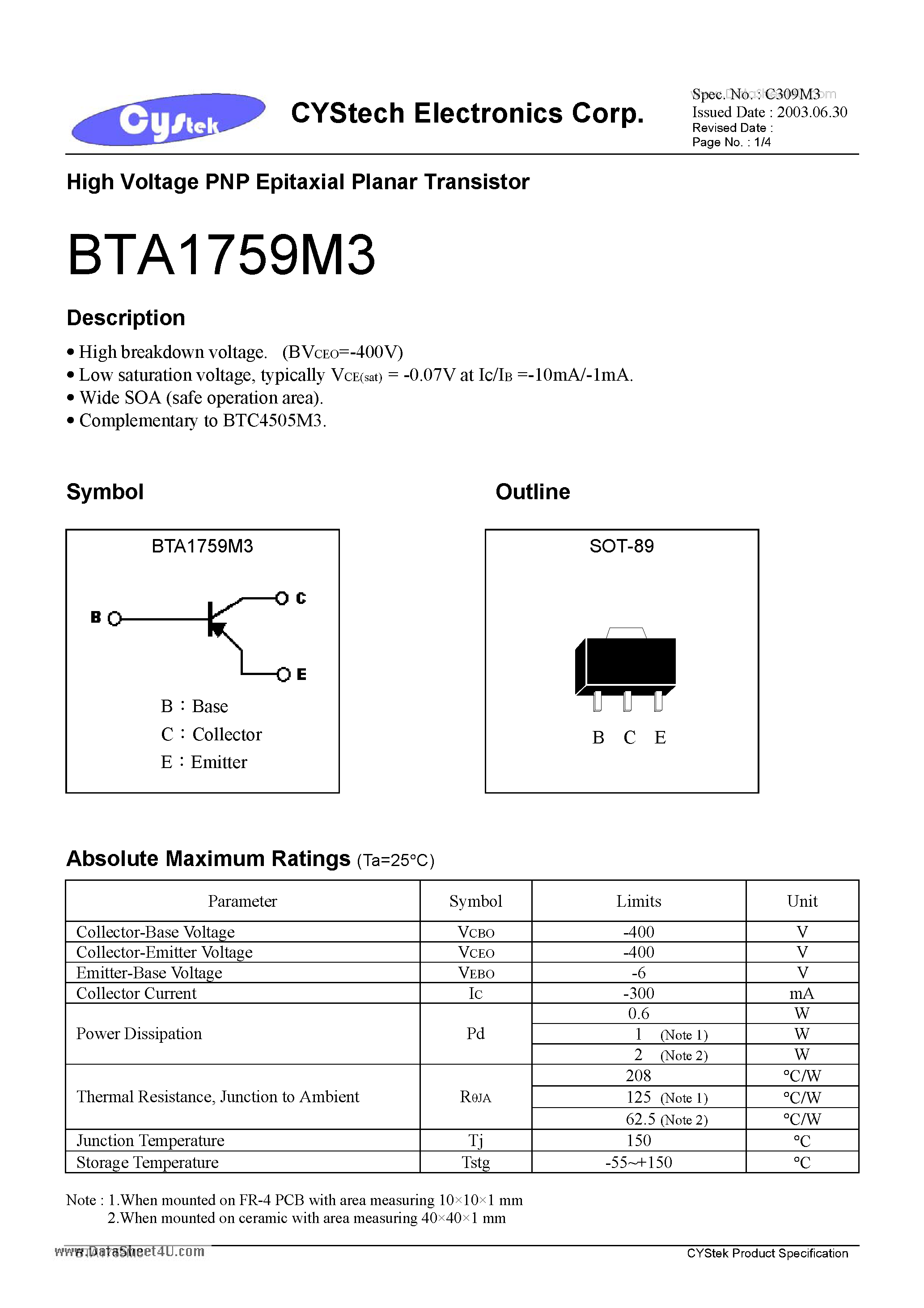 Datasheet BTA1759M3 - High Voltage PNP Epitaxial Planar Transistor page 1