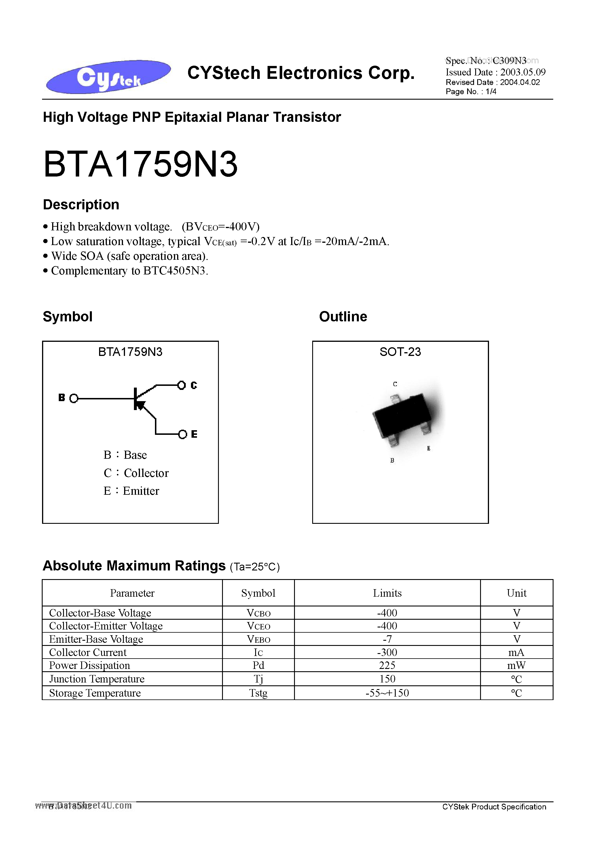 Datasheet BTA1759N3 - High Voltage PNP Epitaxial Planar Transistor page 1