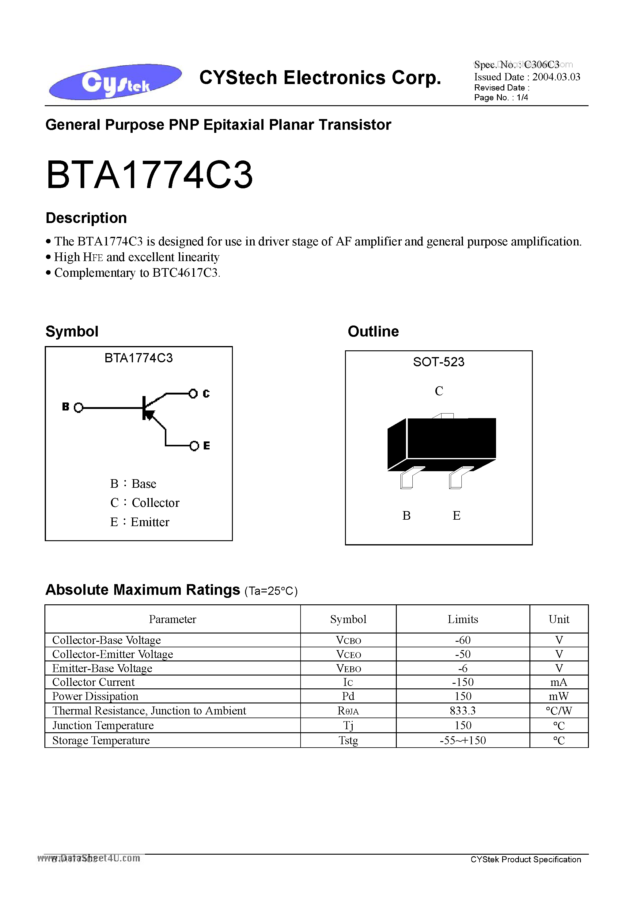 Datasheet BTA1774C3 - General Purpose PNP Epitaxial Planar Transistor page 1