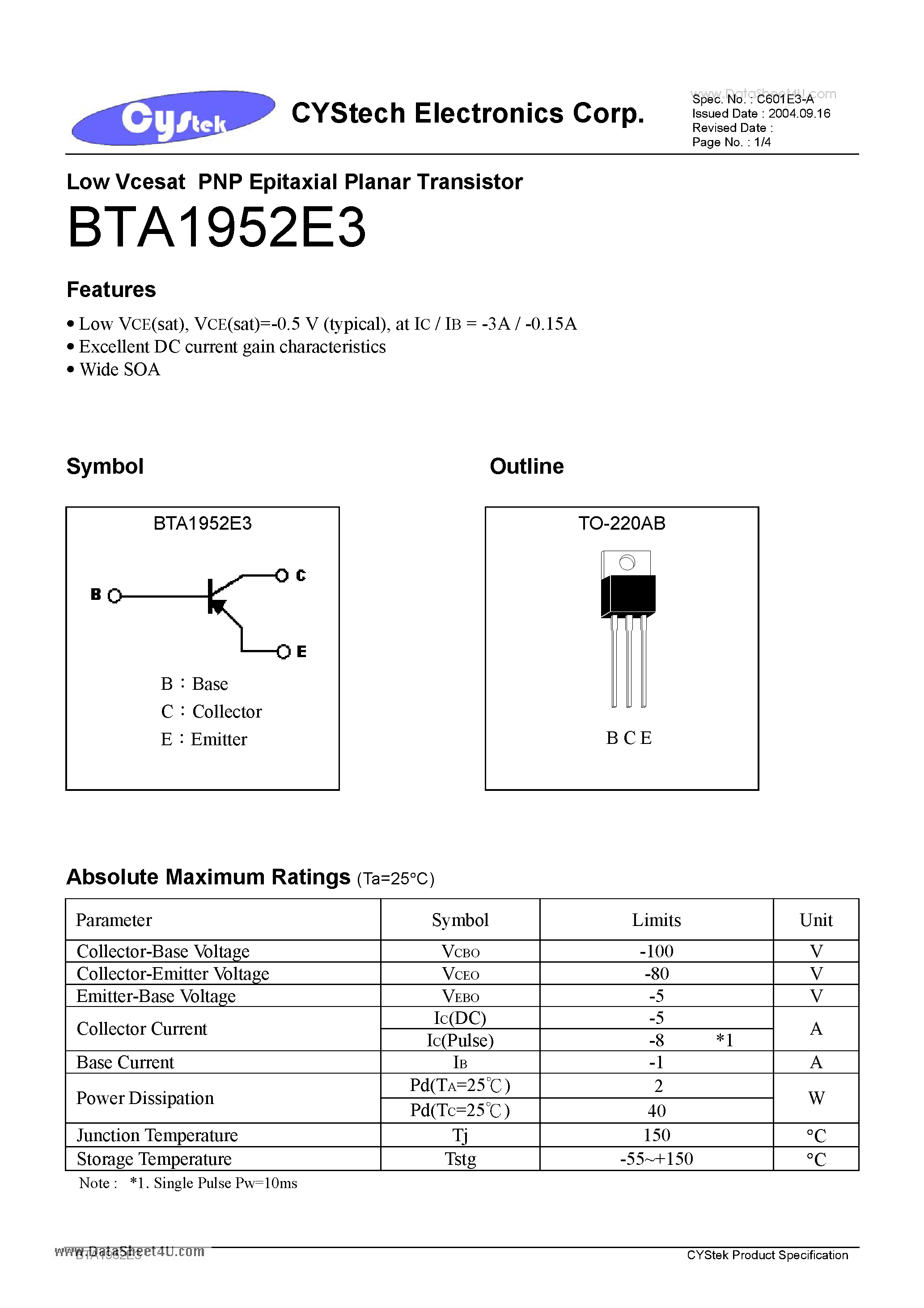 Datasheet BTA1952E3 - Low Vcesat PNP Epitaxial Planar Transistor page 1