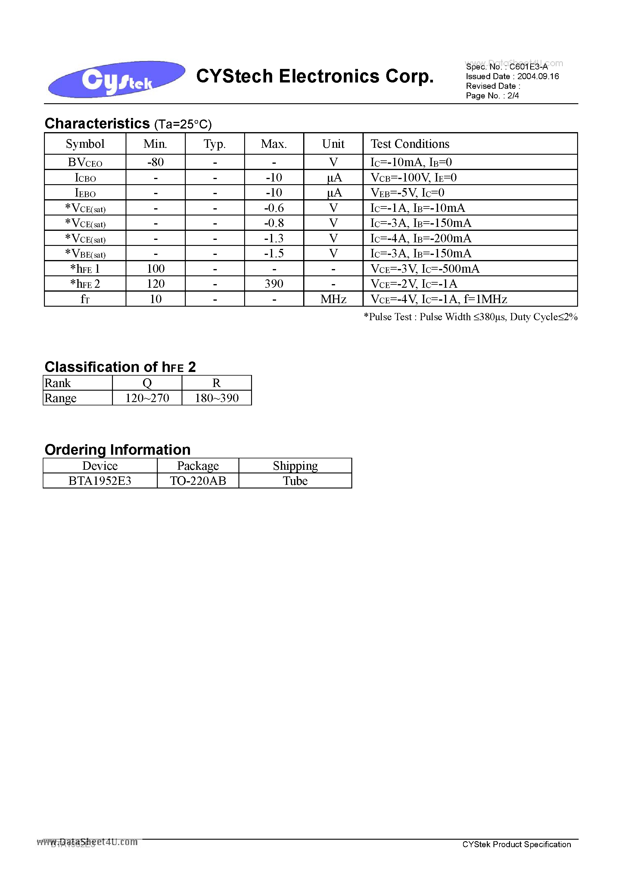 Datasheet BTA1952E3 - Low Vcesat PNP Epitaxial Planar Transistor page 2