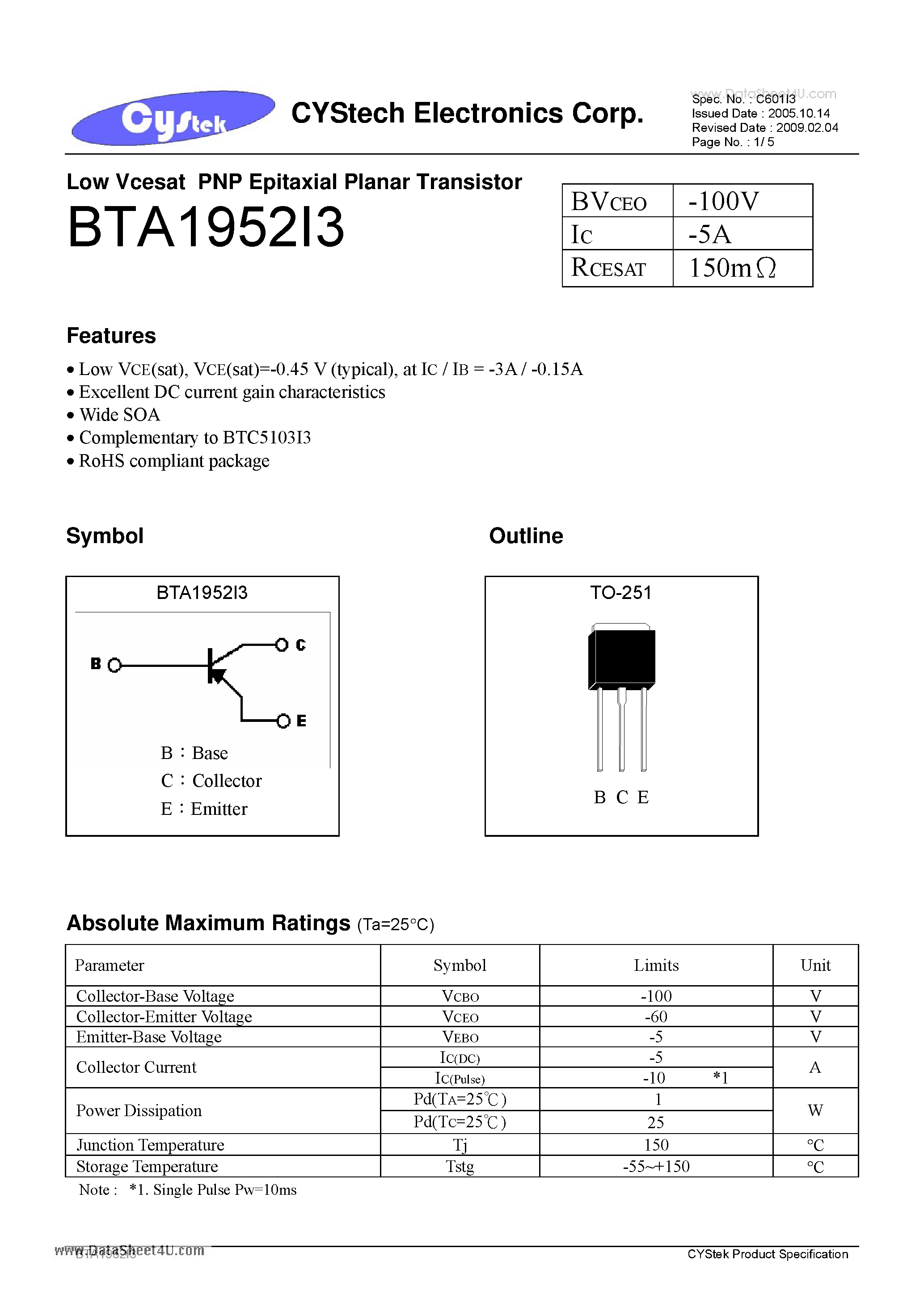 Datasheet BTA1952I3 - Low Vcesat PNP Epitaxial Planar Transistor page 1