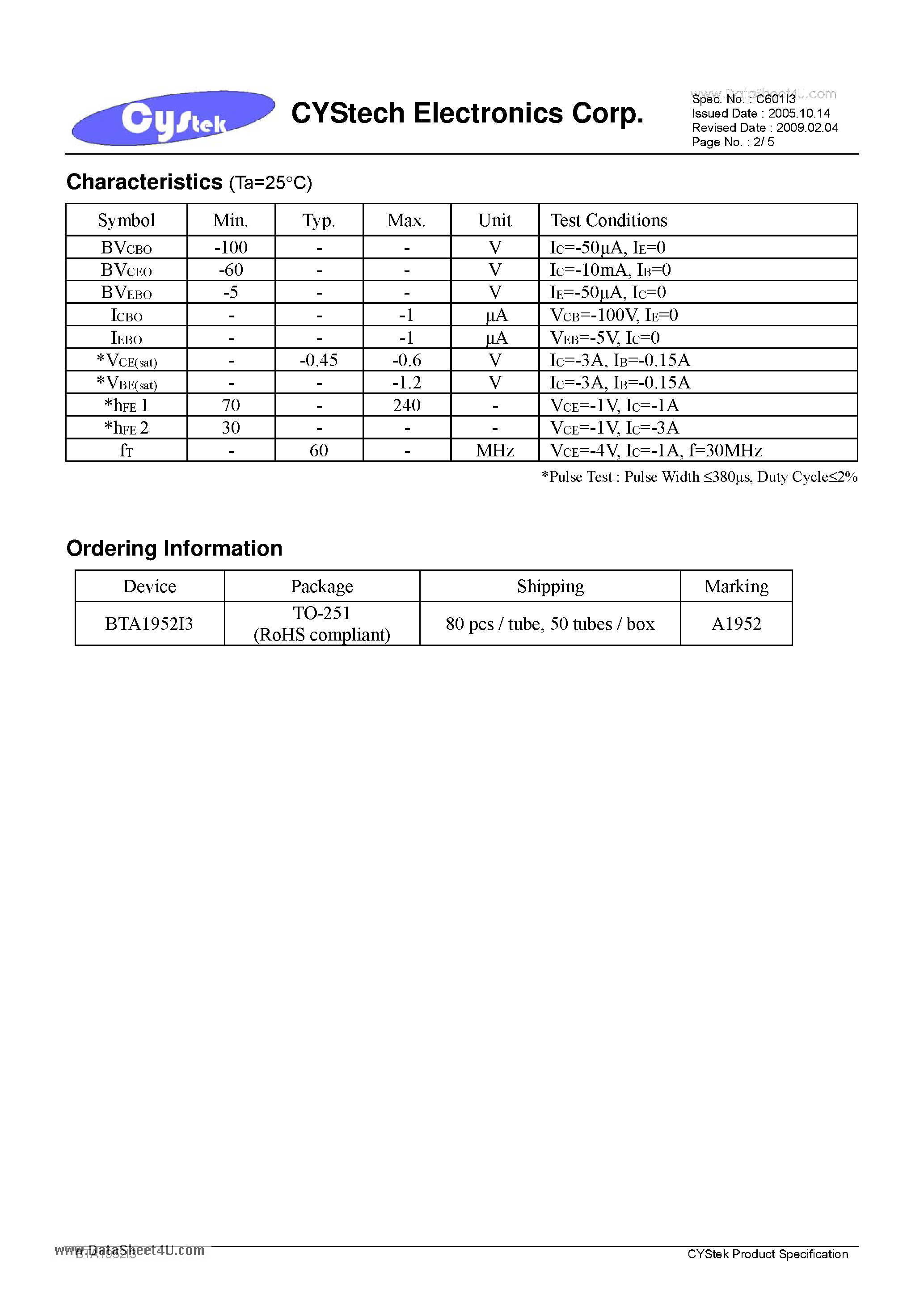 Datasheet BTA1952I3 - Low Vcesat PNP Epitaxial Planar Transistor page 2