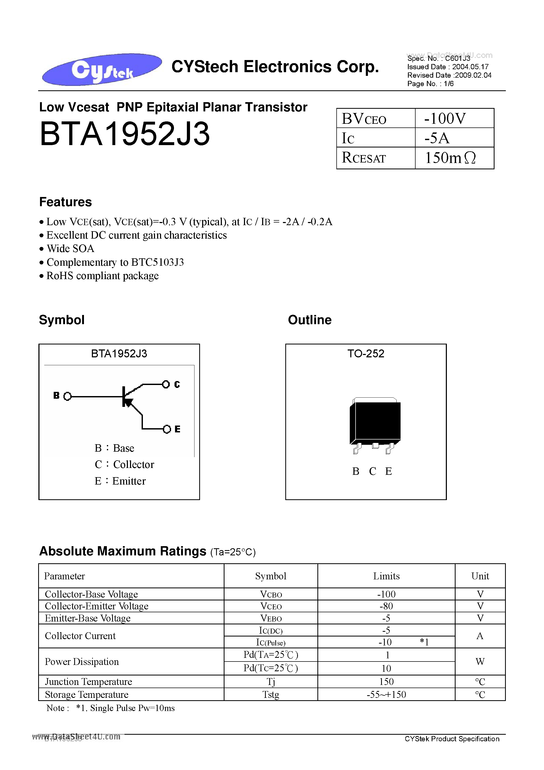 Datasheet BTA1952J3 - Low Vcesat PNP Epitaxial Planar Transistor page 1