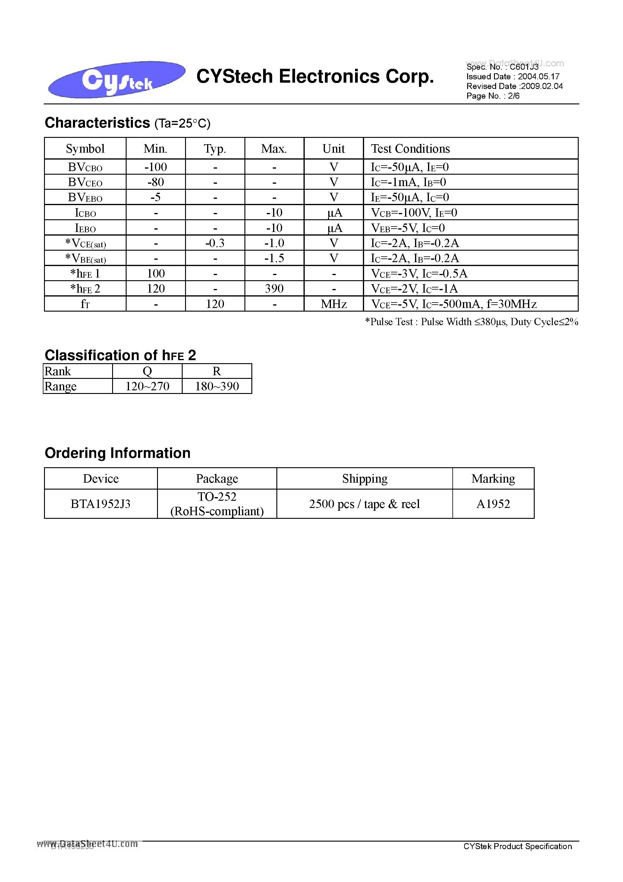 Datasheet BTA1952J3 - Low Vcesat PNP Epitaxial Planar Transistor page 2