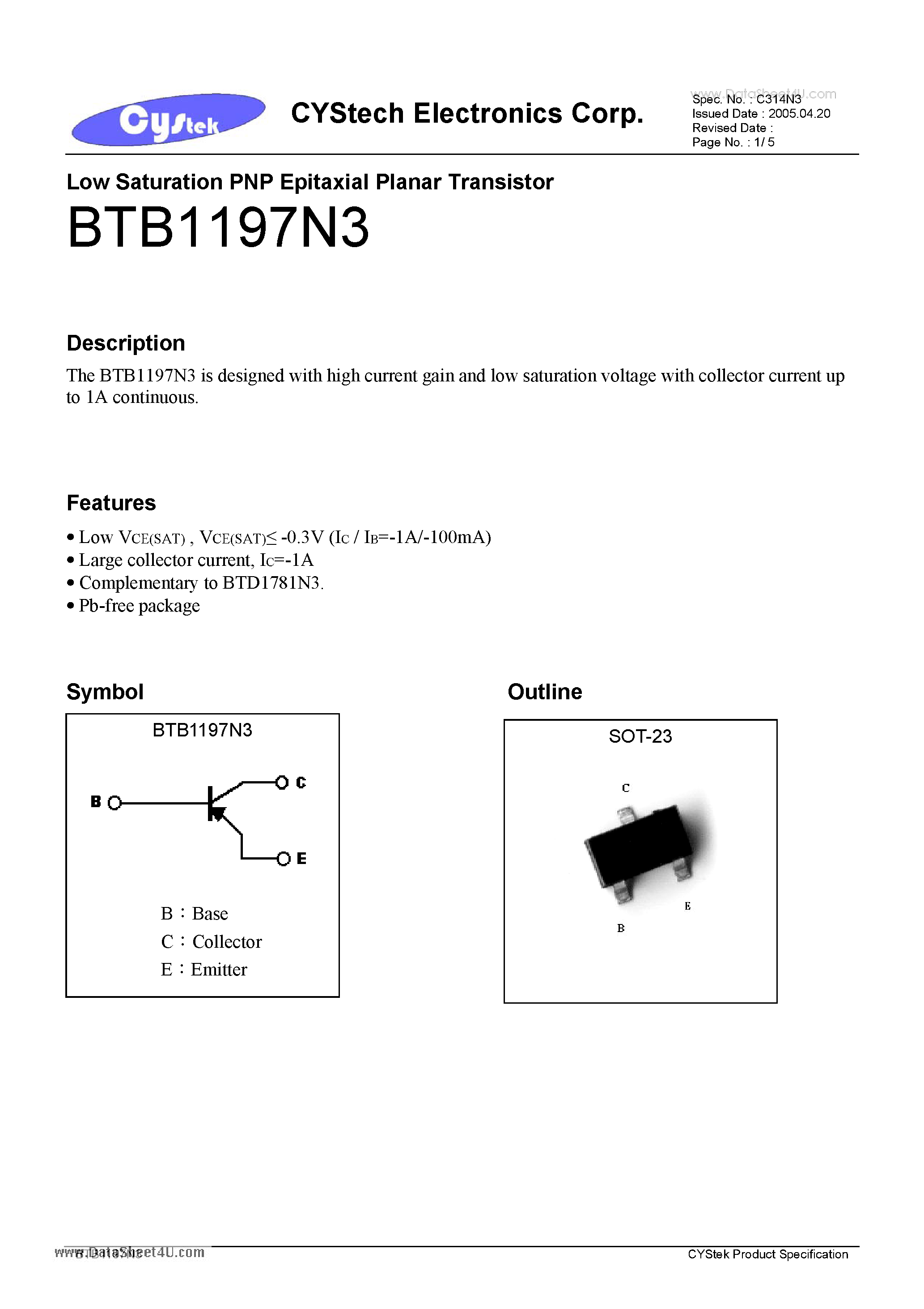 Datasheet BTB1197N3 - Low Saturation PNP Epitaxial Planar Transistor page 1