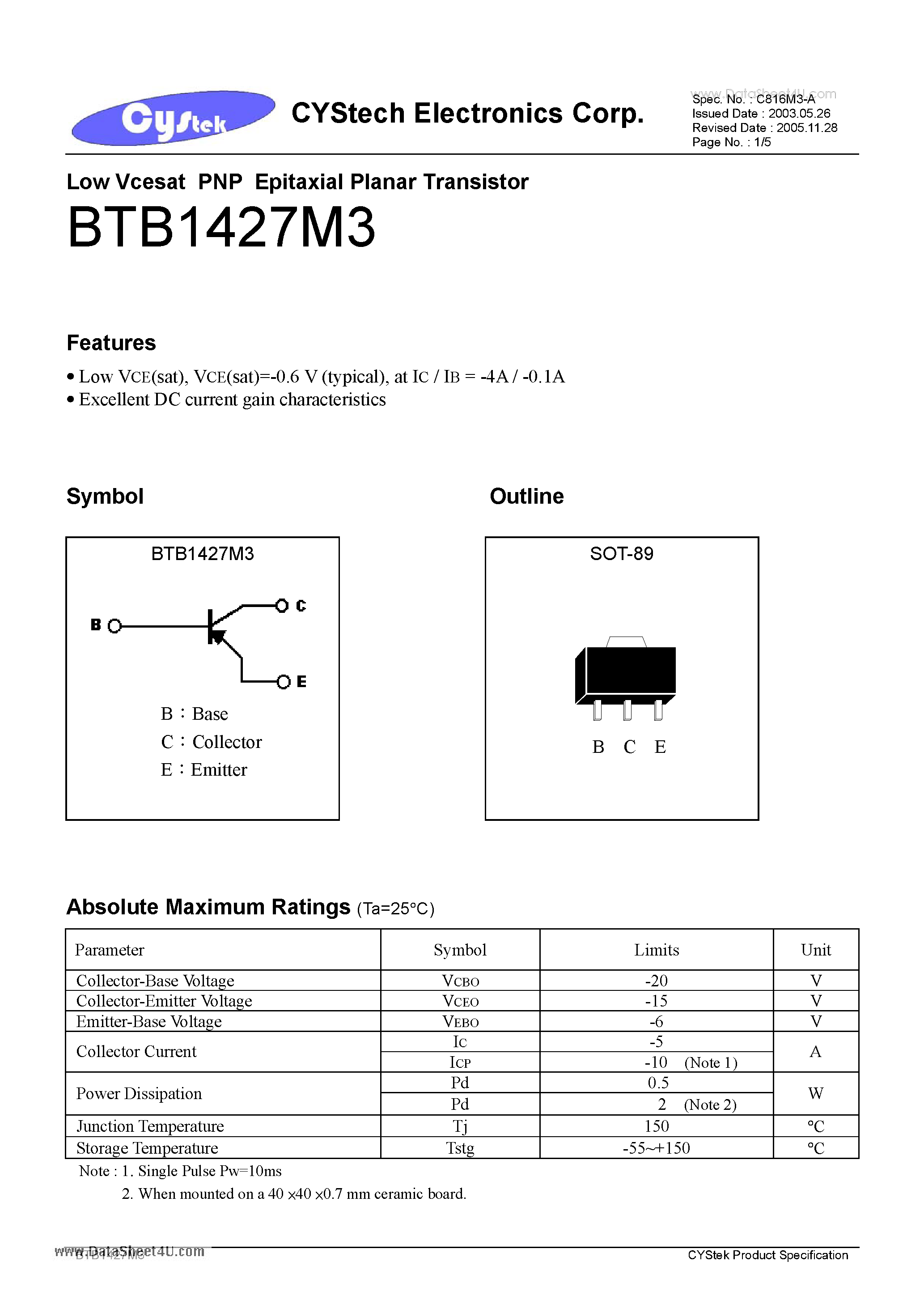 Datasheet BTB1427M3 - Low Vcesat PNP Epitaxial Planar Transistor page 1